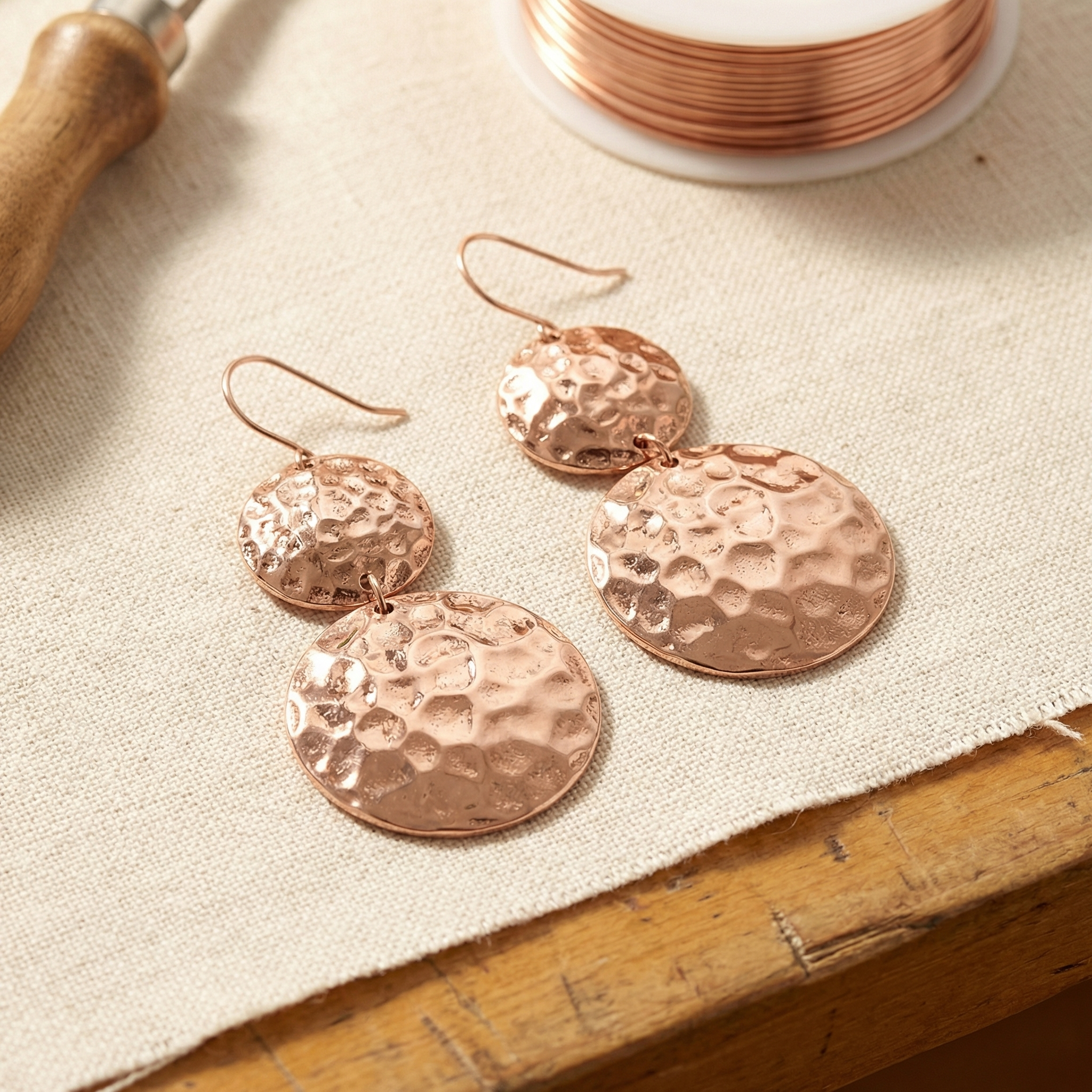 Doina Bucaresti copper hammered disc drop earrings, pair, with wire hooks