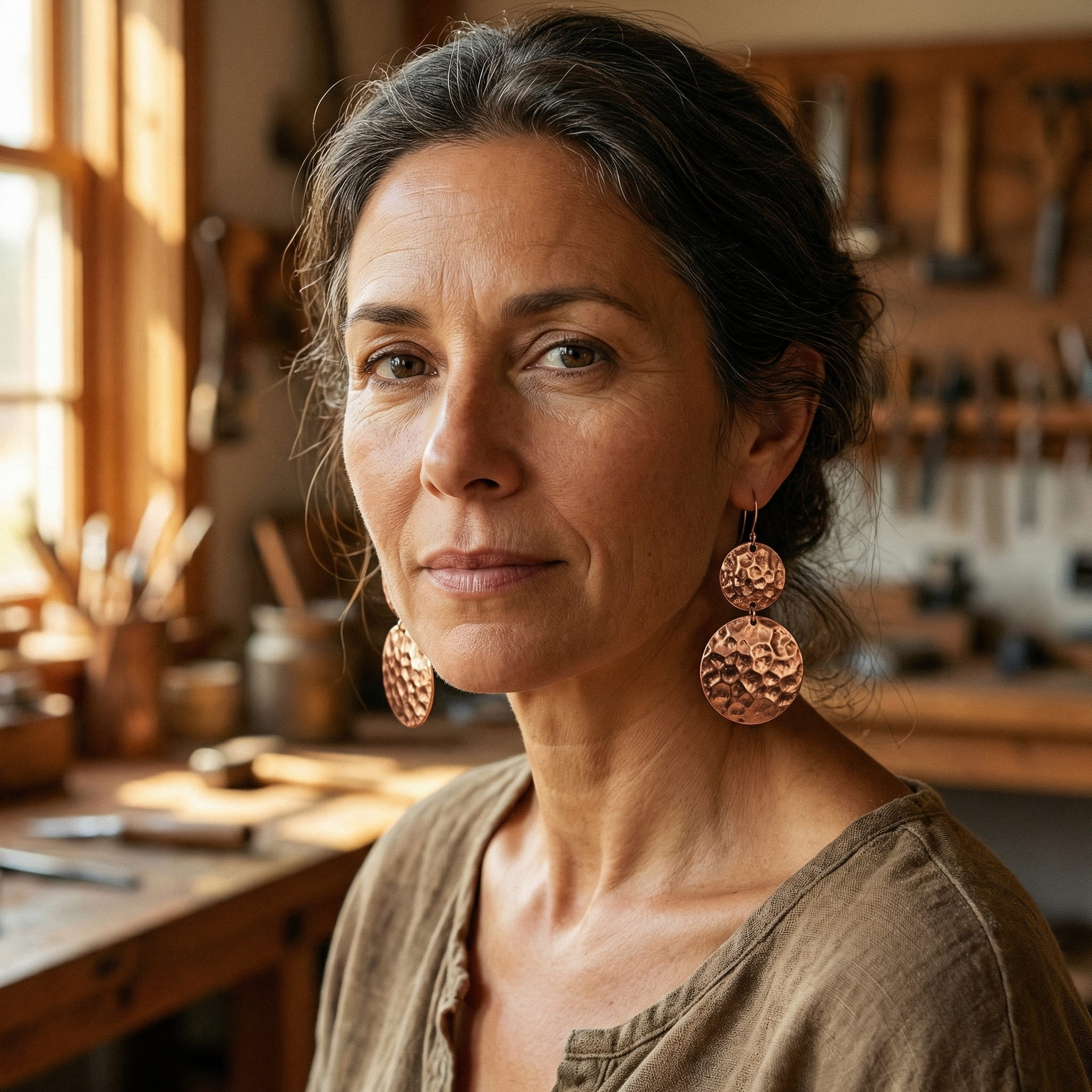 Doina Bucaresti copper hammered disc drop earrings on model, round discs with hooks