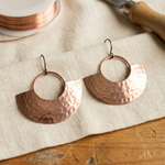 Doina Bucaresti copper hoop earrings with hammered half-moon discs and copper hooks