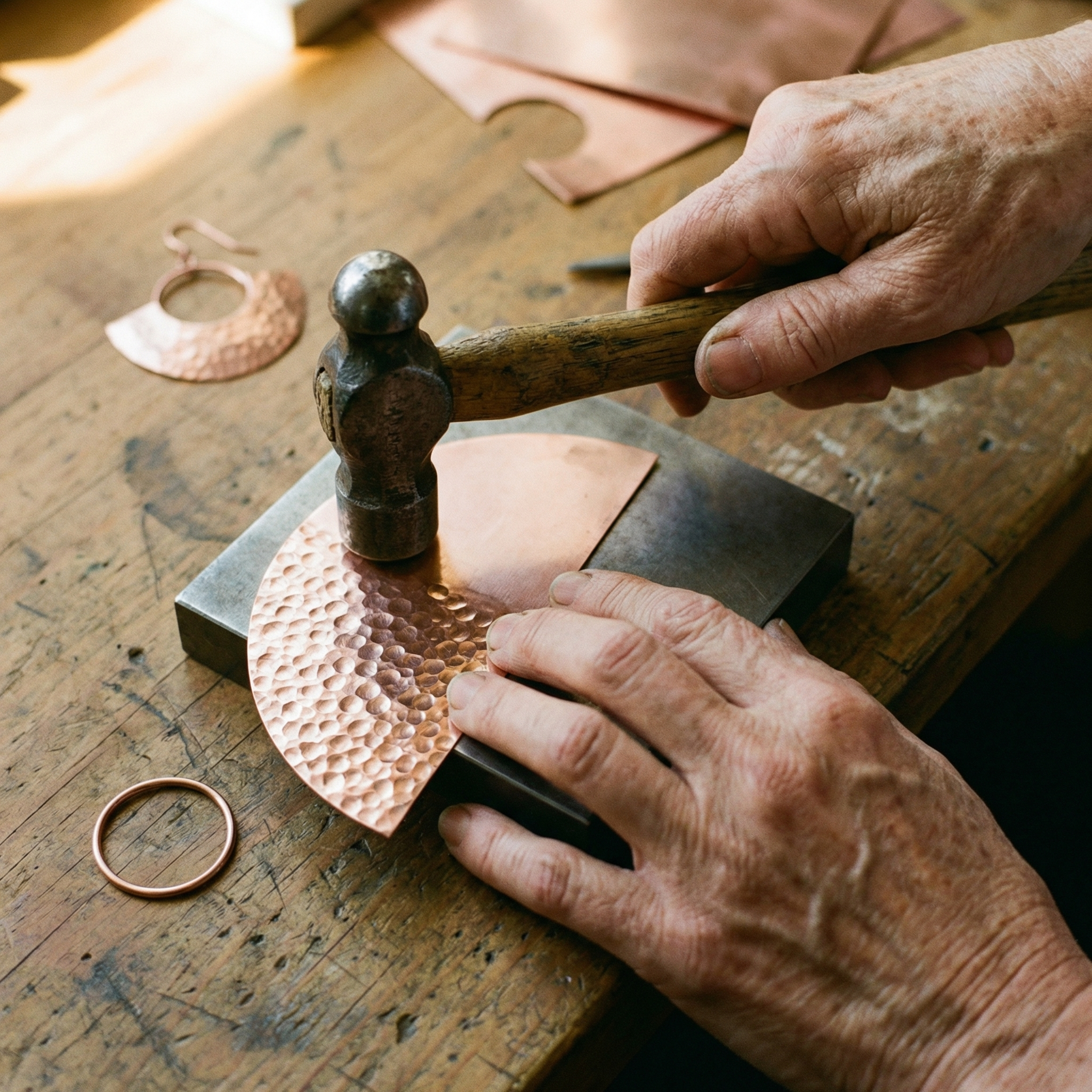 Copper hoop earring with hammered half-moon disc being assembled on a workbench