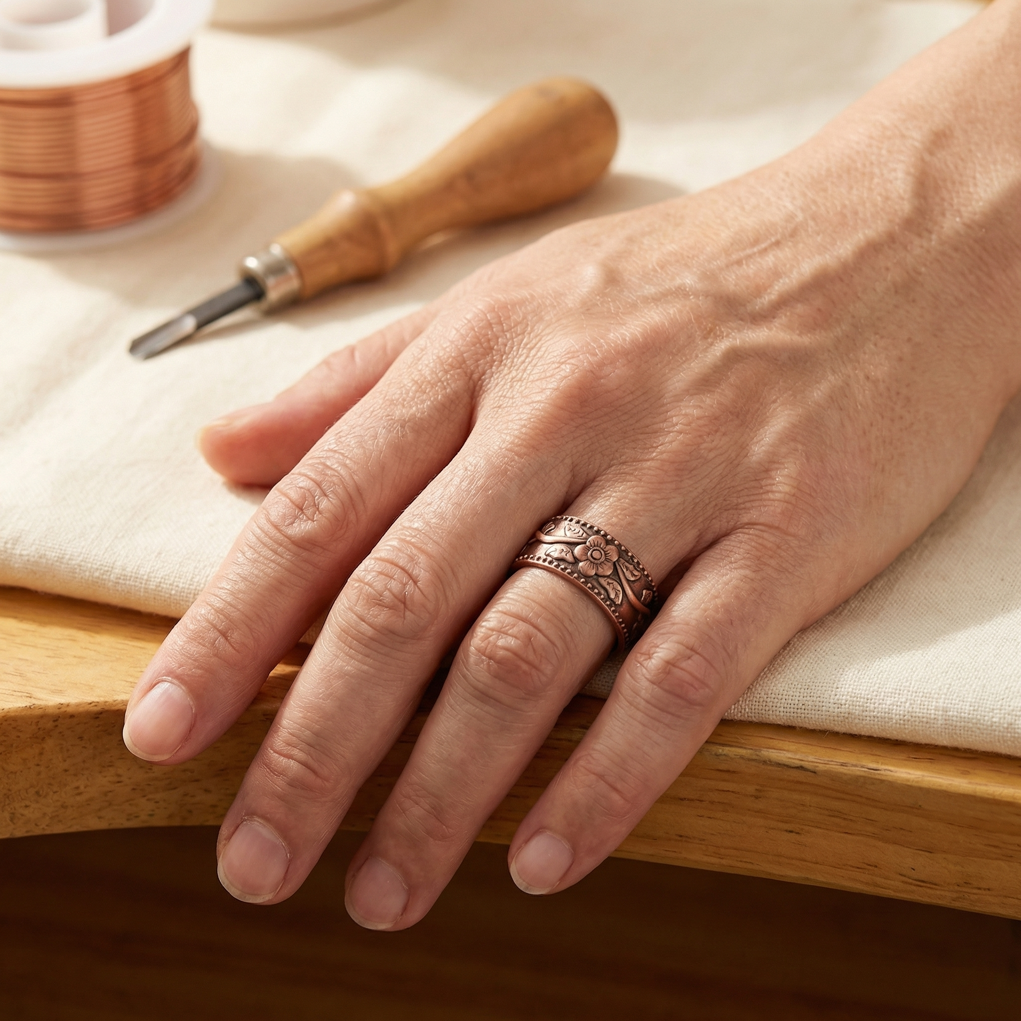Adjustable copper petal ring with floral engraving on open band, worn on hand