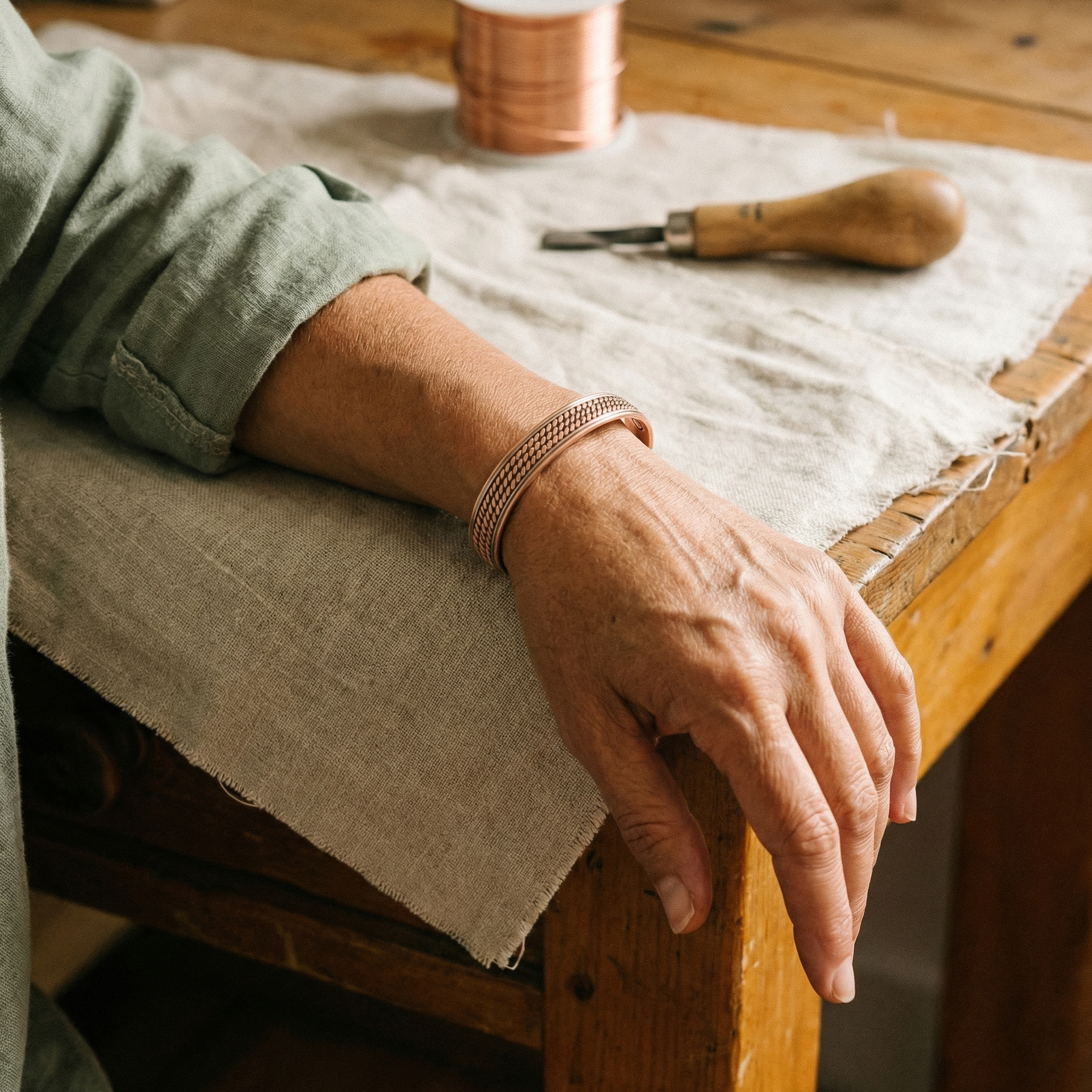 Copper textured mesh bracelet worn on wrist, adjustable cuff with oval rivets
