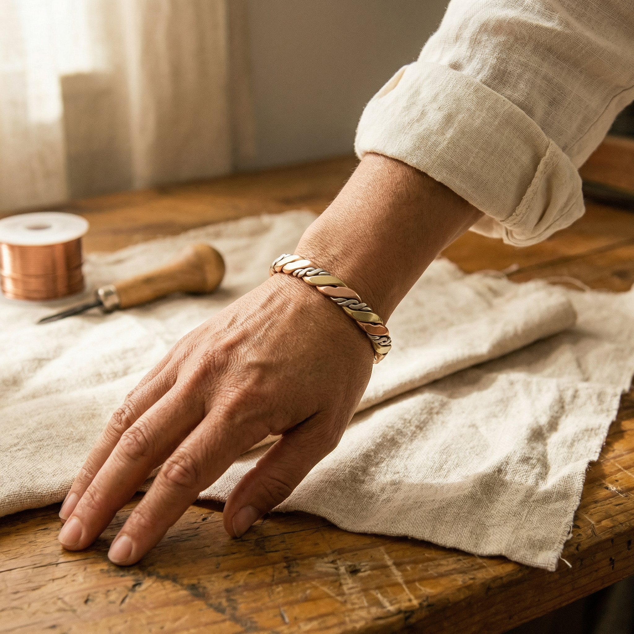Stone bracelet on wrist, braided metal links with oval dark insets