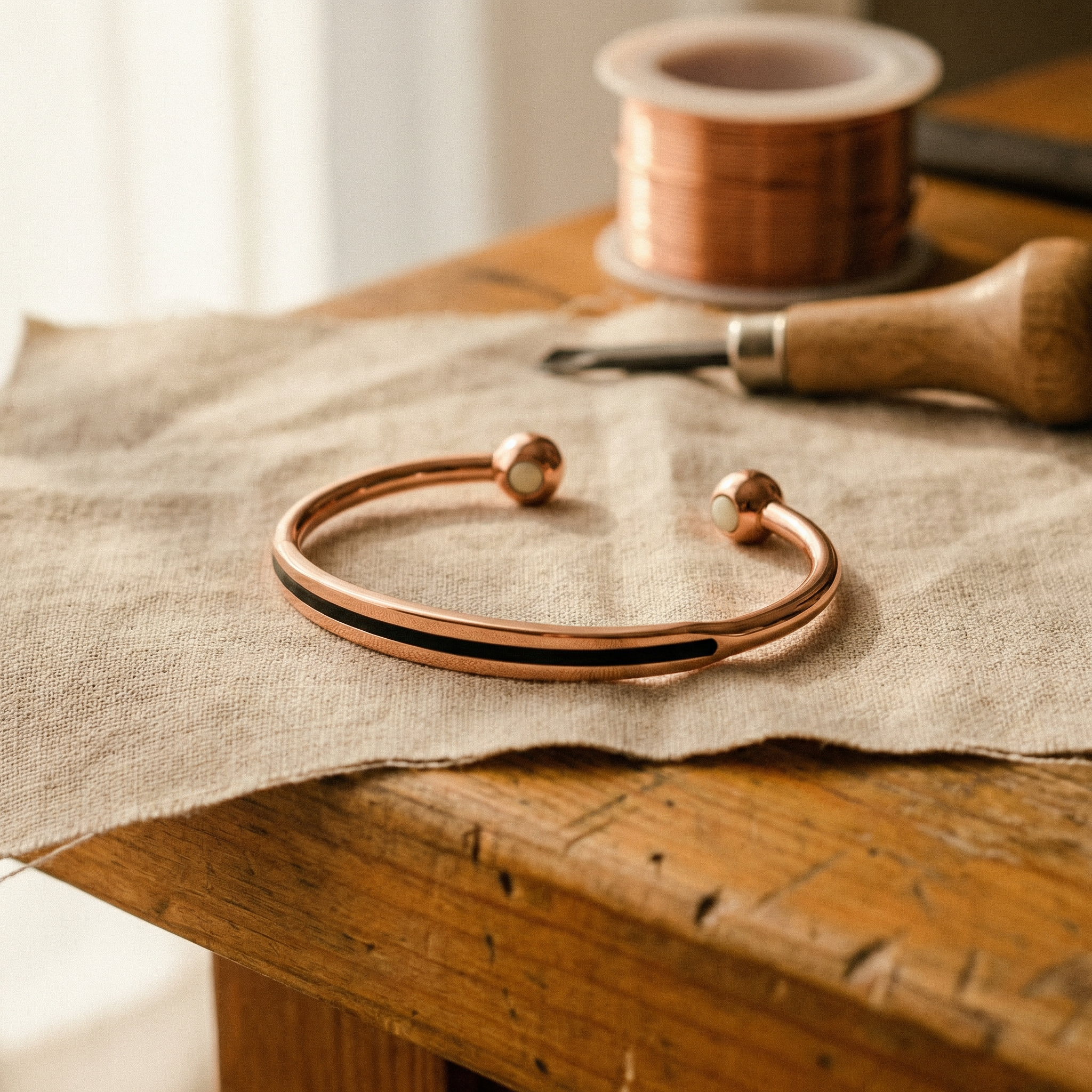 Copper cuff bracelet with adjustable open ends and round clasp detail