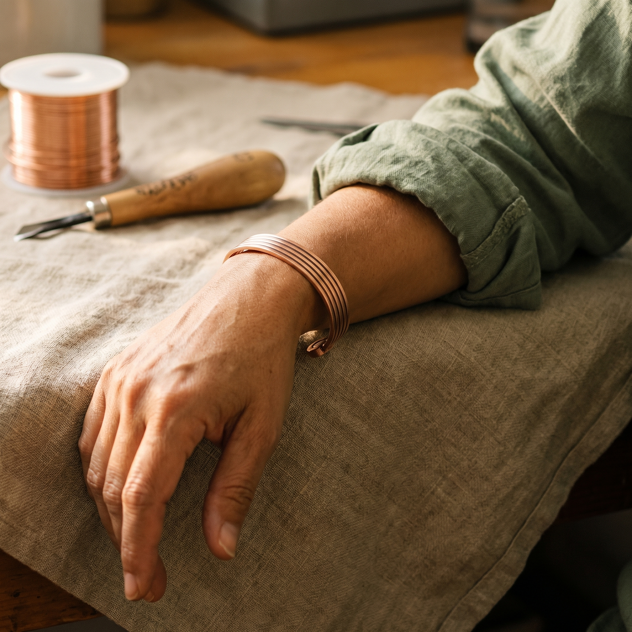 Copper multi-band ridge bracelet on wrist, stacked curved rings with oval ends