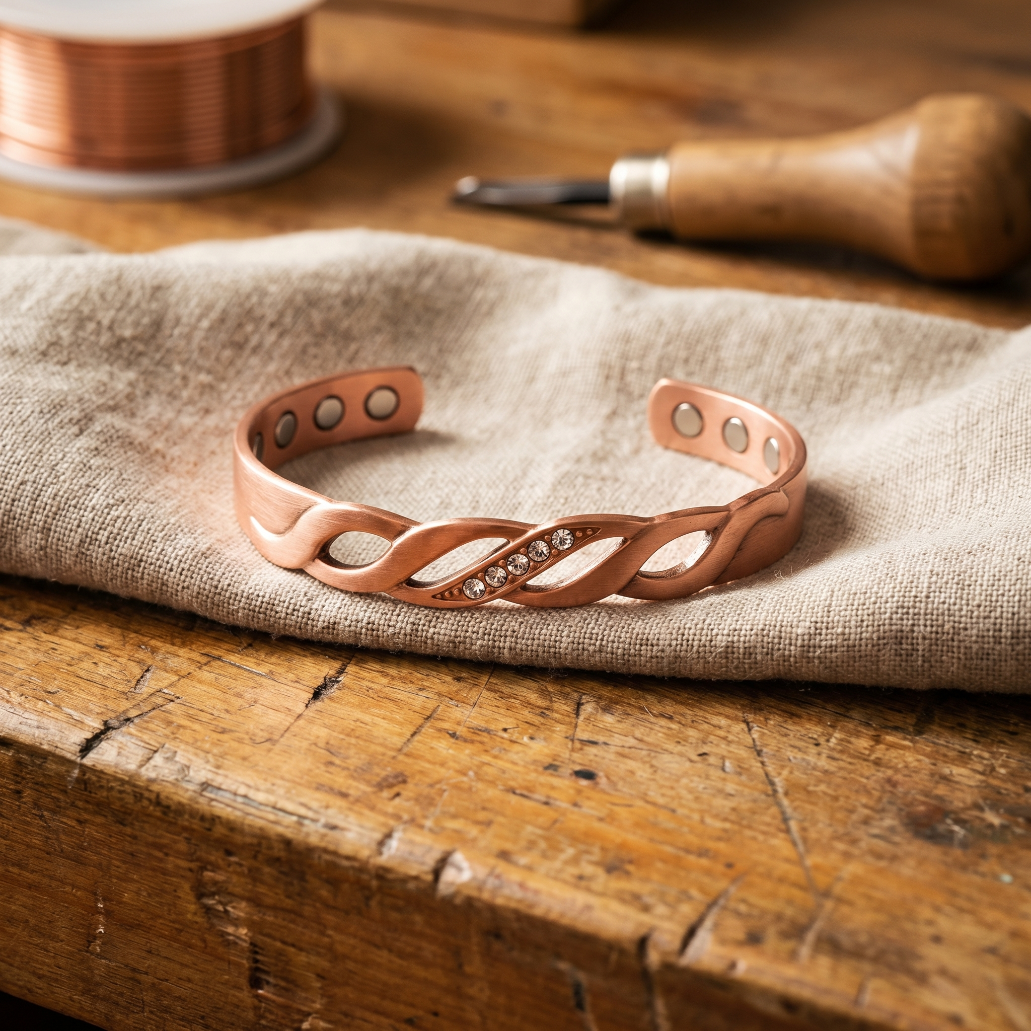 Copper bracelet with swirling cutout design and small rhinestones, adjustable fit