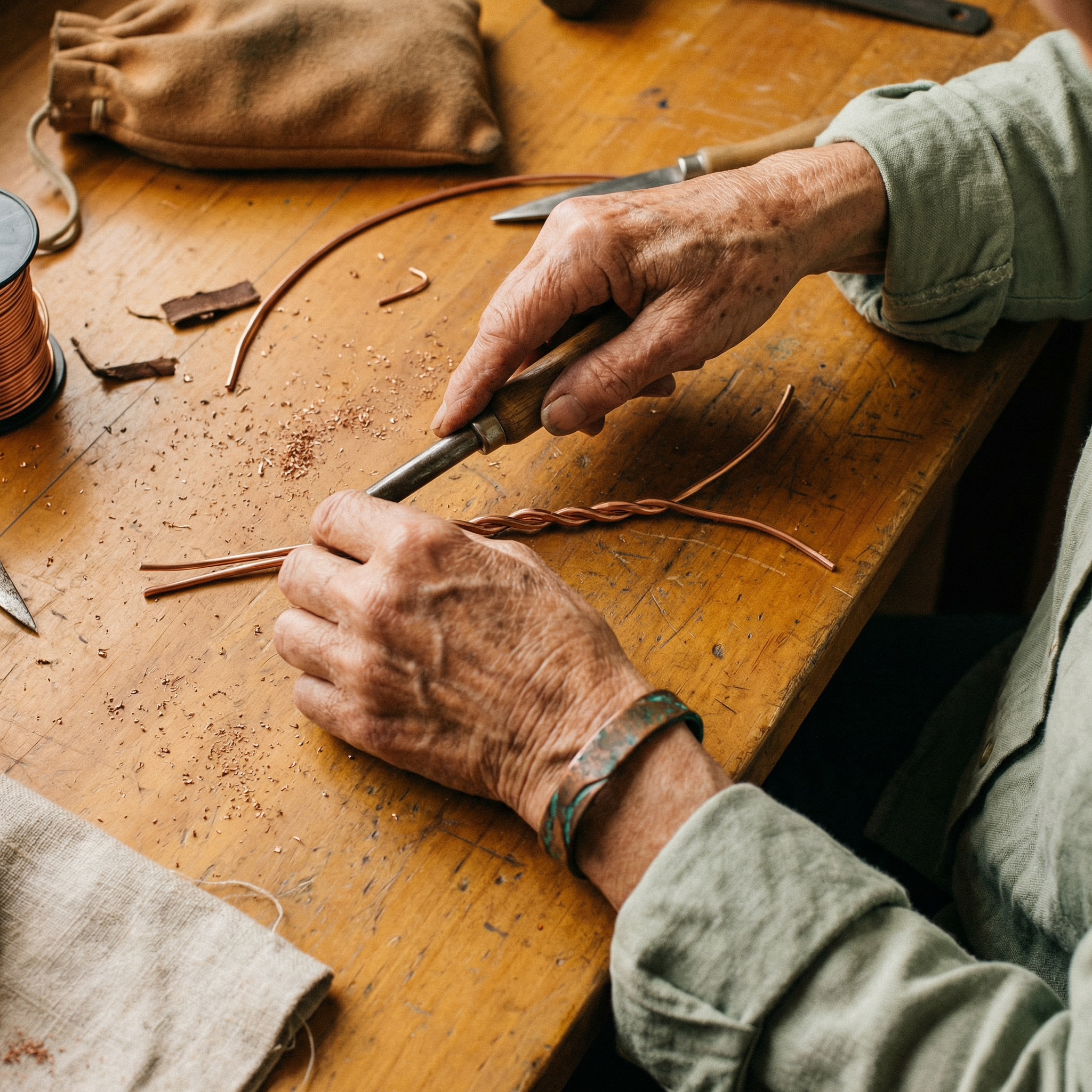 Copper bracelet parts and curved wire on a wooden workbench