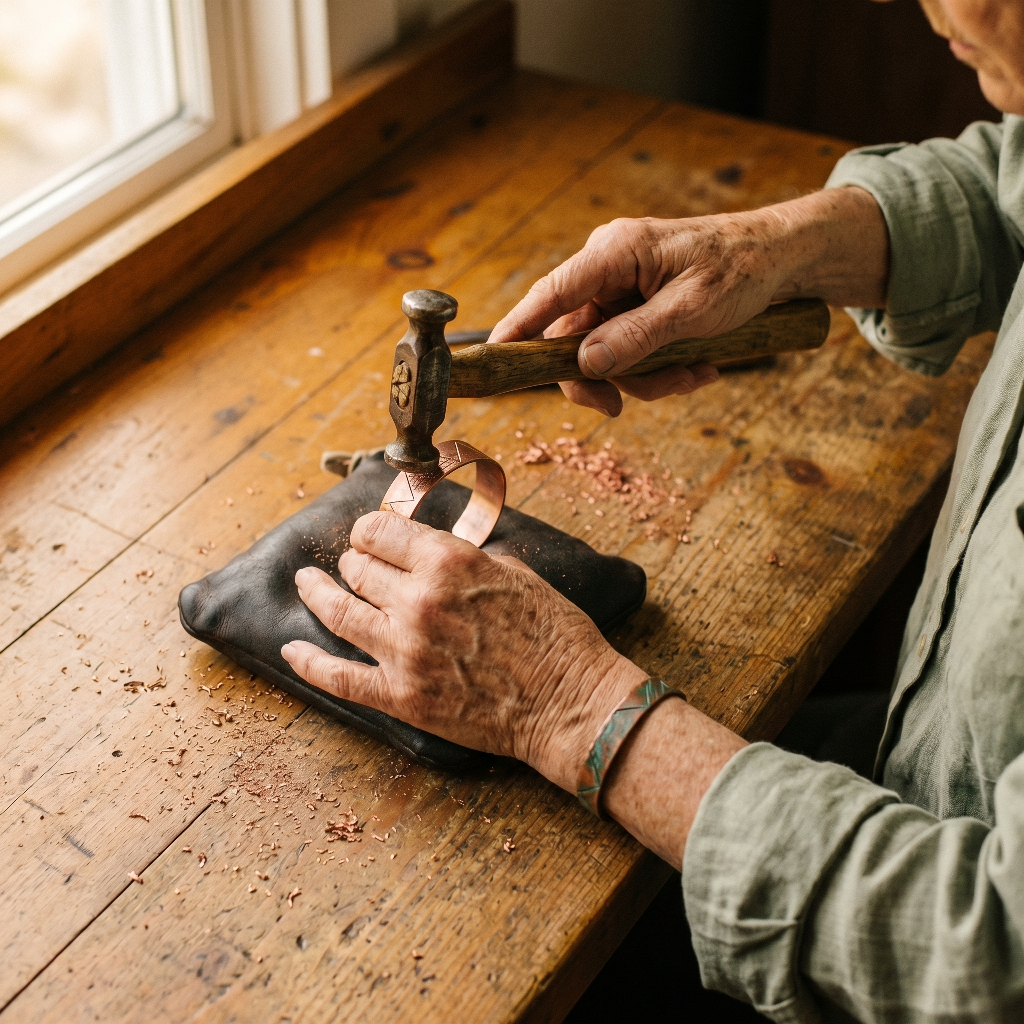 Copper bracelet being shaped by hand on a workbench with metal tools