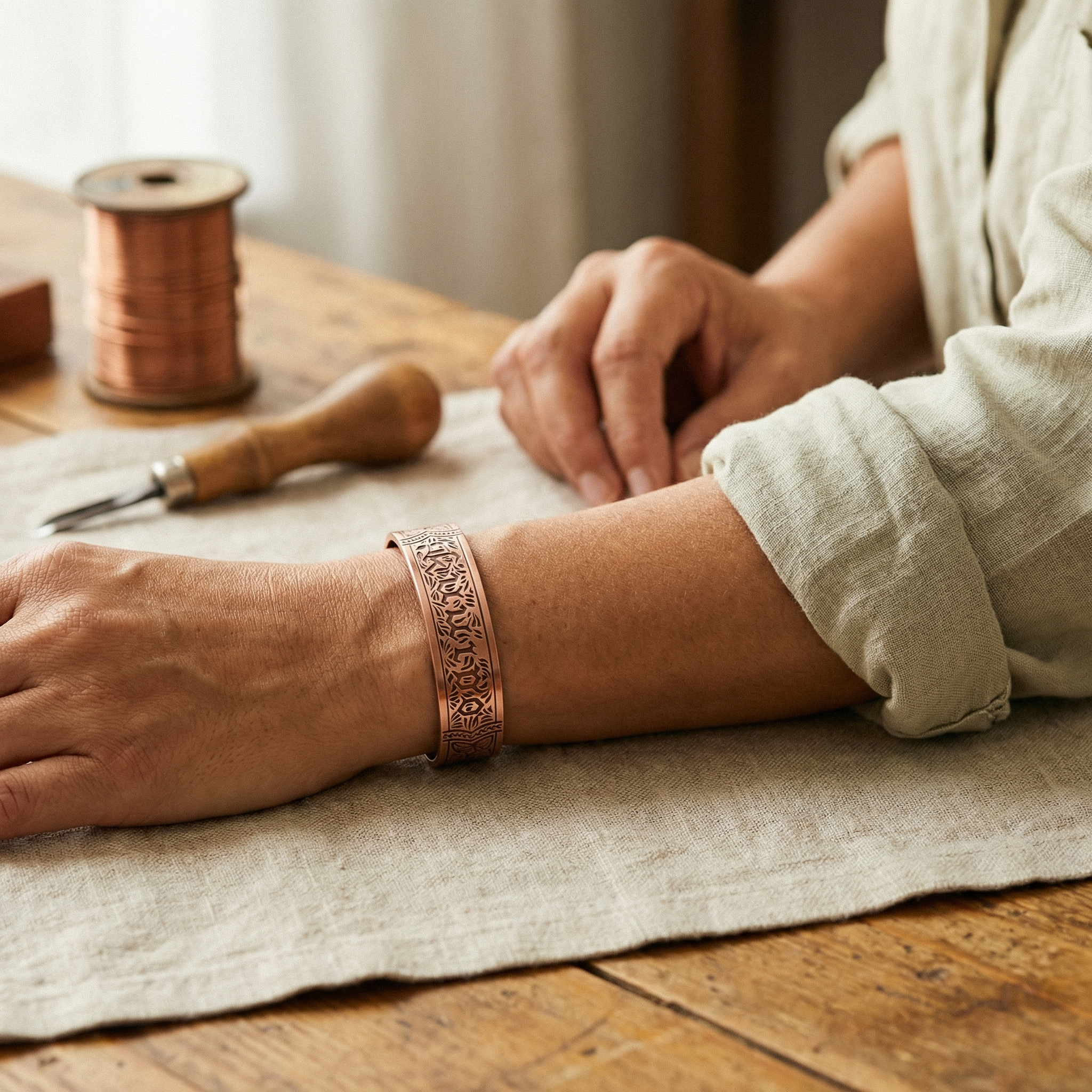 Copper engraved cuff bracelet worn on wrist, adjustable open design with rivets