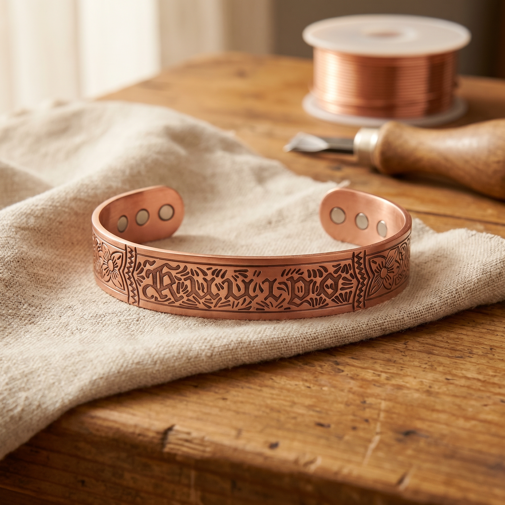 Copper cuff bracelet with engraved pattern and two rivet holes, open adjustable fit