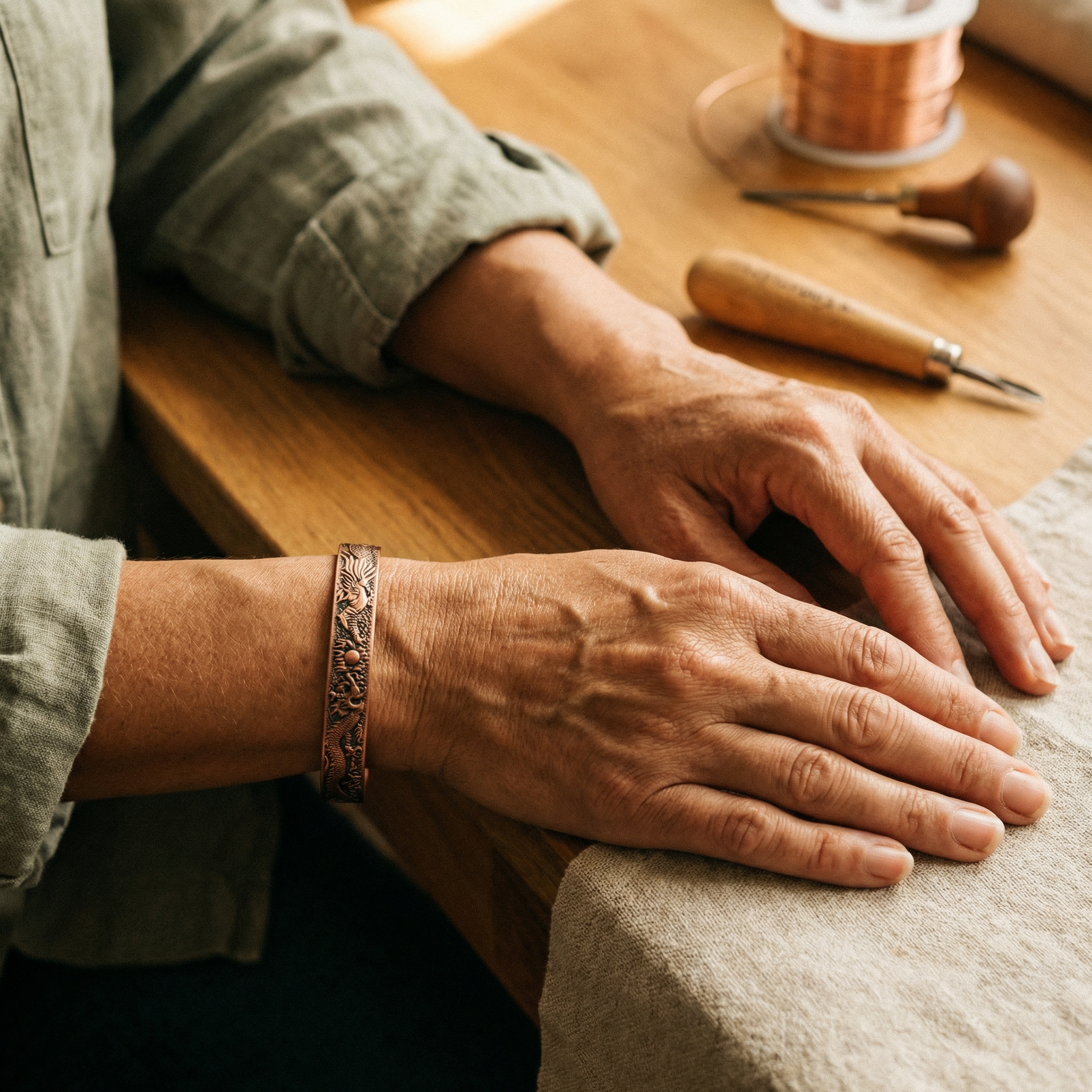 Copper cuff bracelet with engraved pattern, worn on wrist