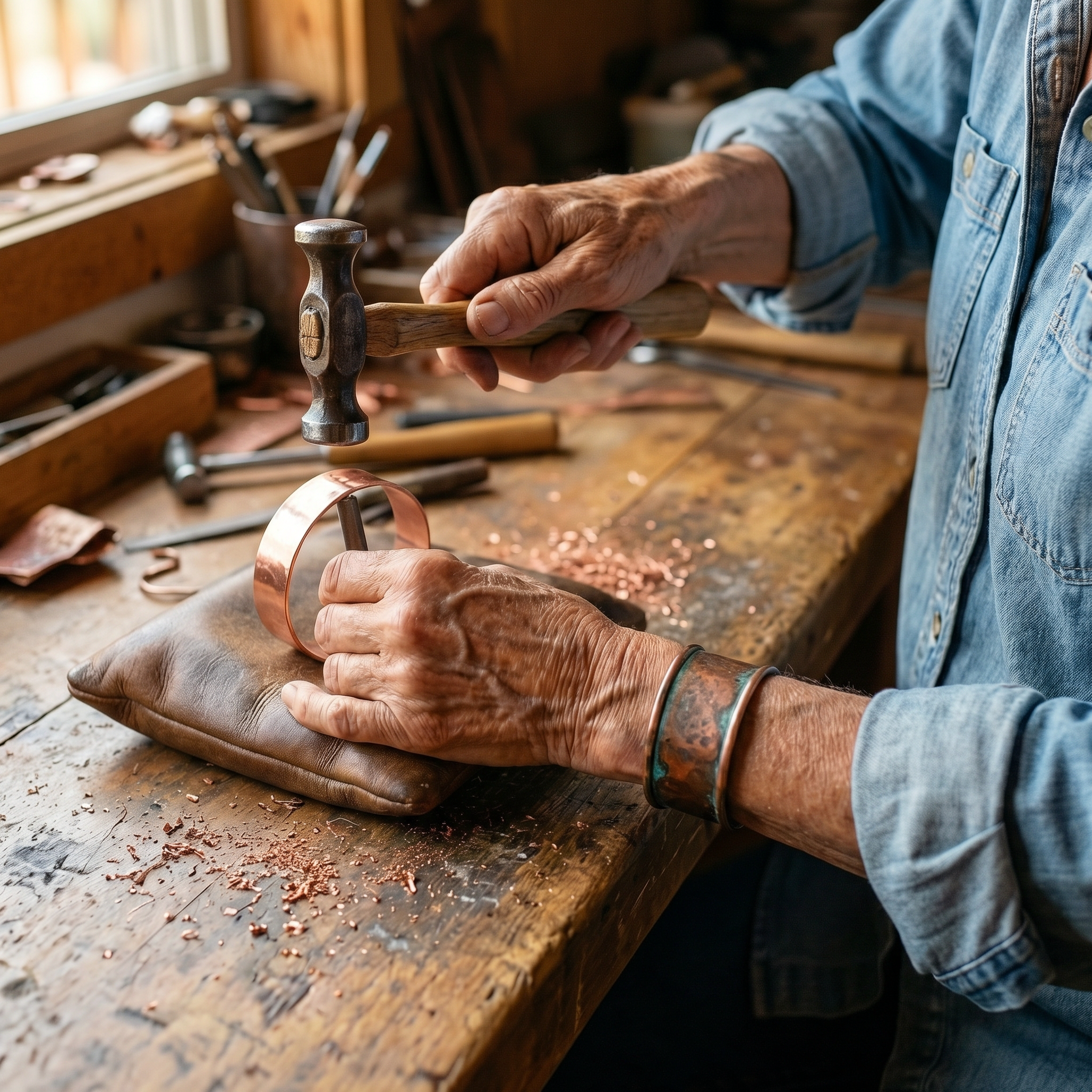 Doina Bucaresti Wick copper cuff bracelet being adjusted on workbench