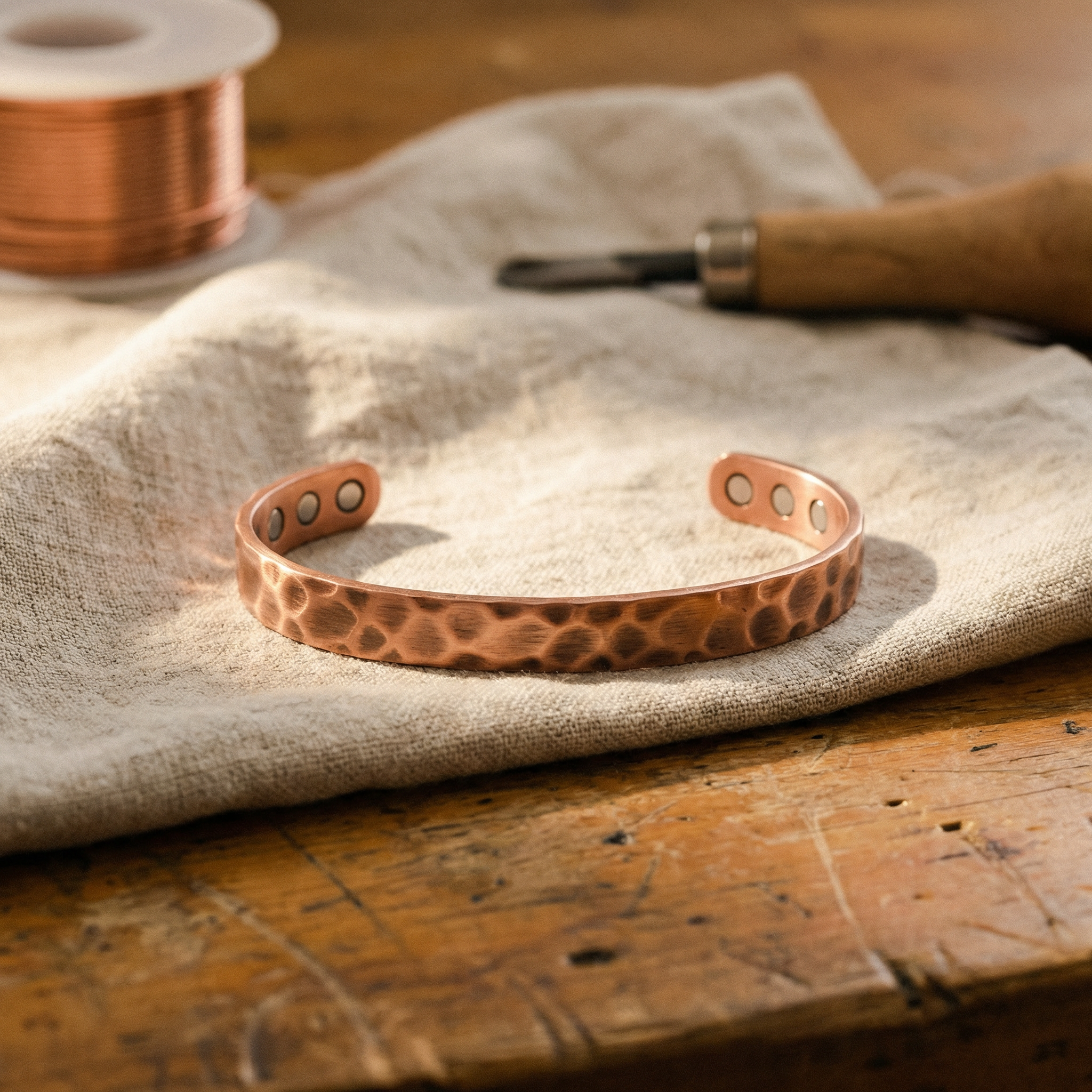 Adjustable copper cuff bracelet with hammered texture and oval holes on ends