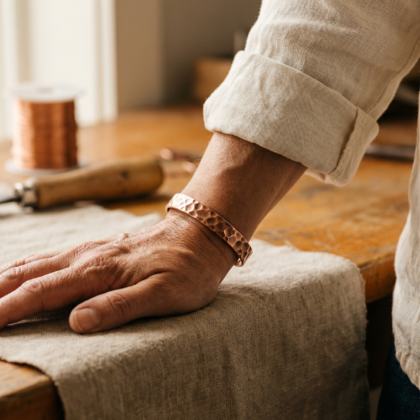 Copper bracelet cuff with hammered finish and two rows of oval cutouts