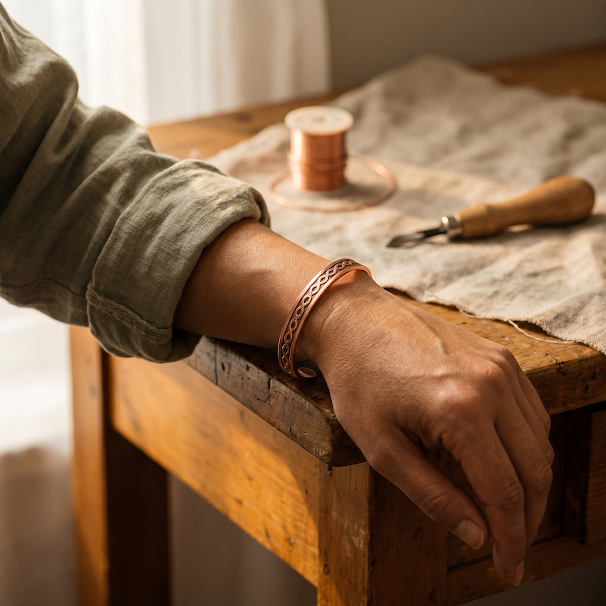 Copper cuff bracelet with engraved edge pattern on wrist, adjustable