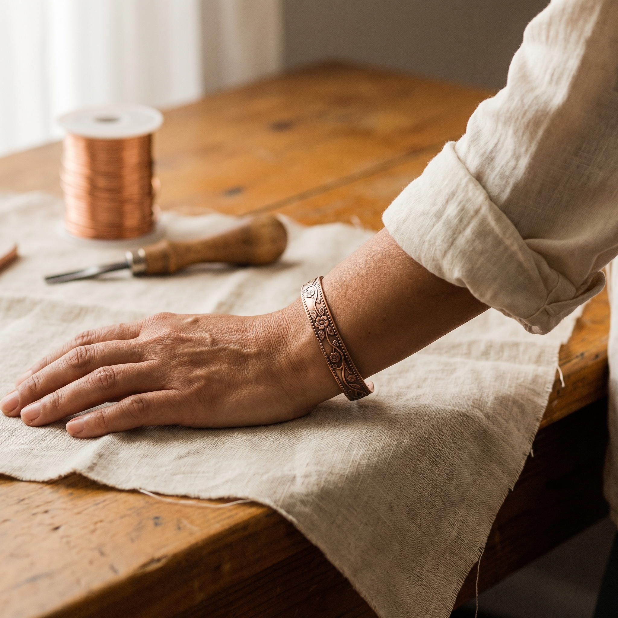Copper cuff bracelet with engraved pattern, worn on wrist