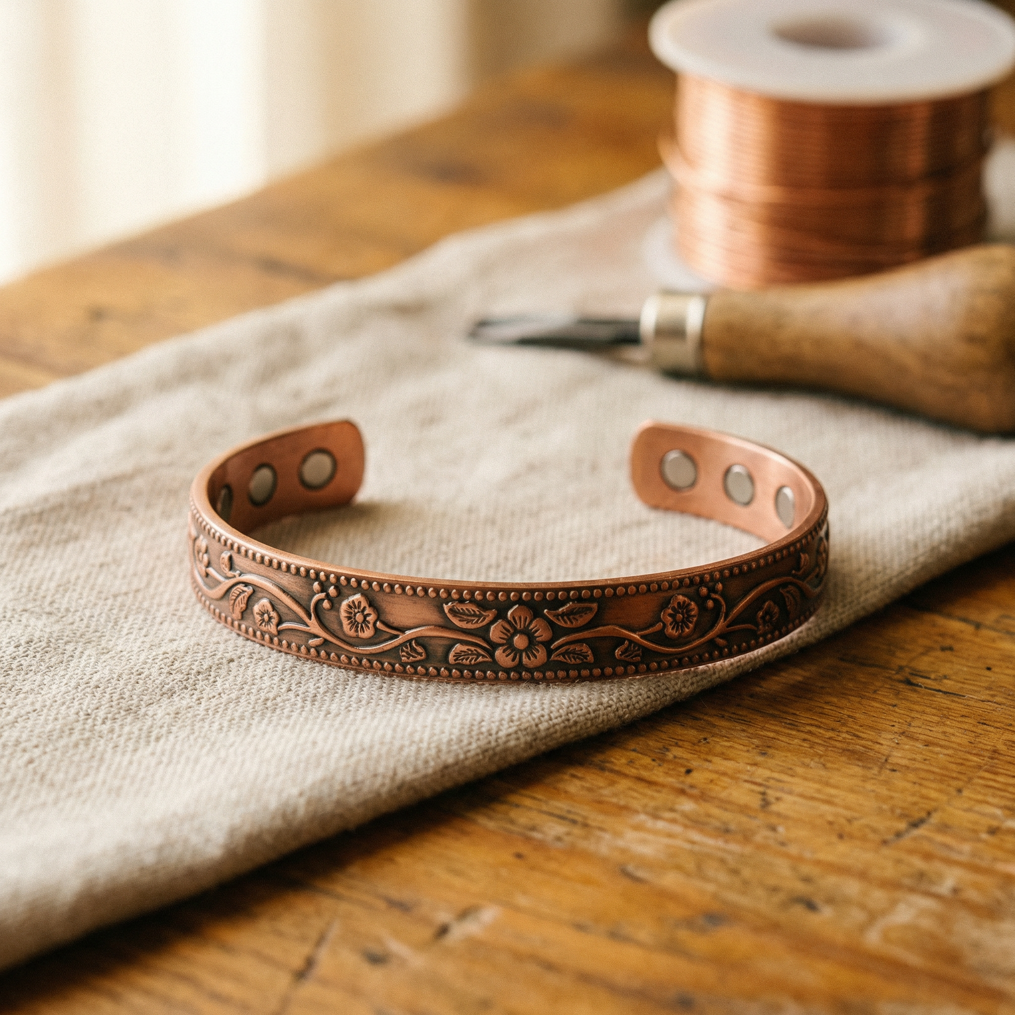 Copper cuff bracelet with engraved floral pattern and two riveted holes