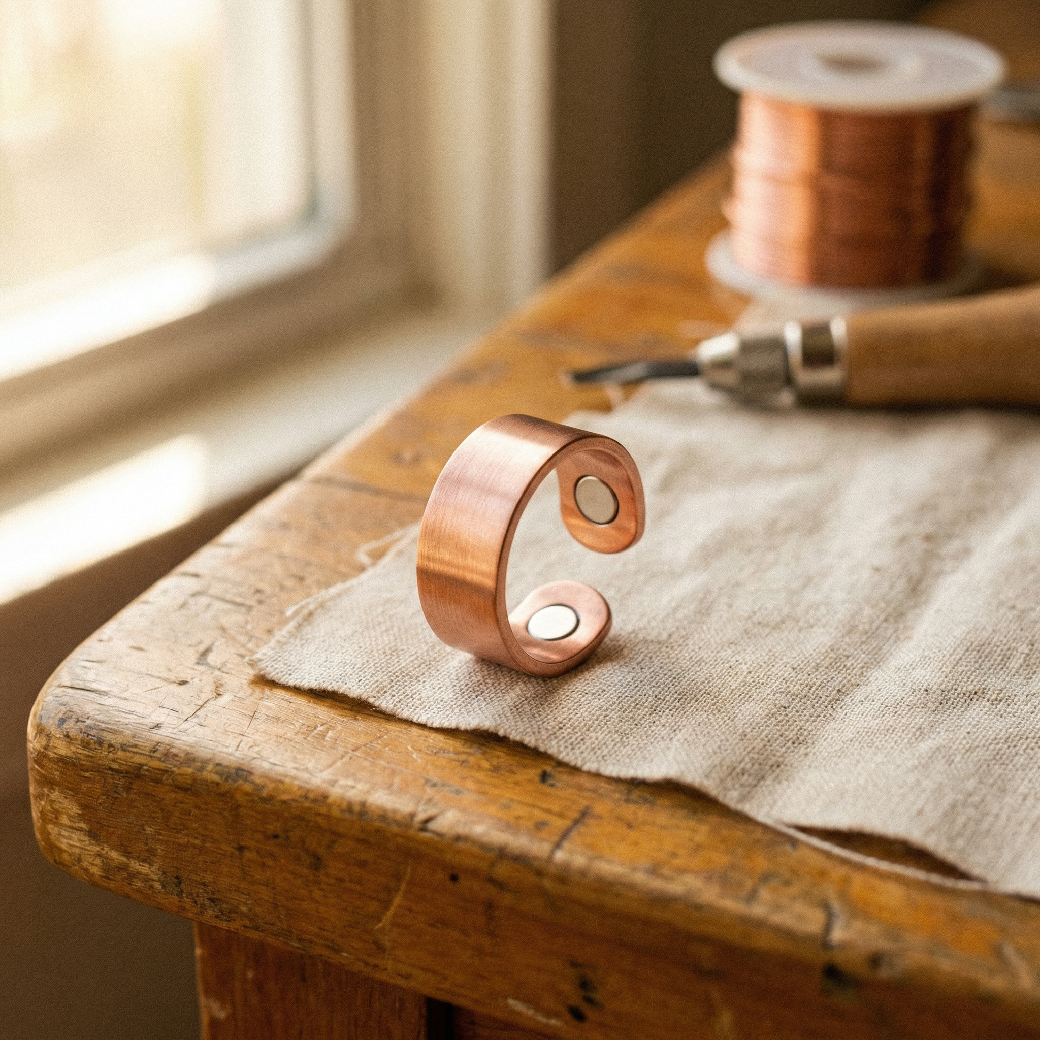 Copper adjustable cuff ring with two oval metal discs, warm bronze finish