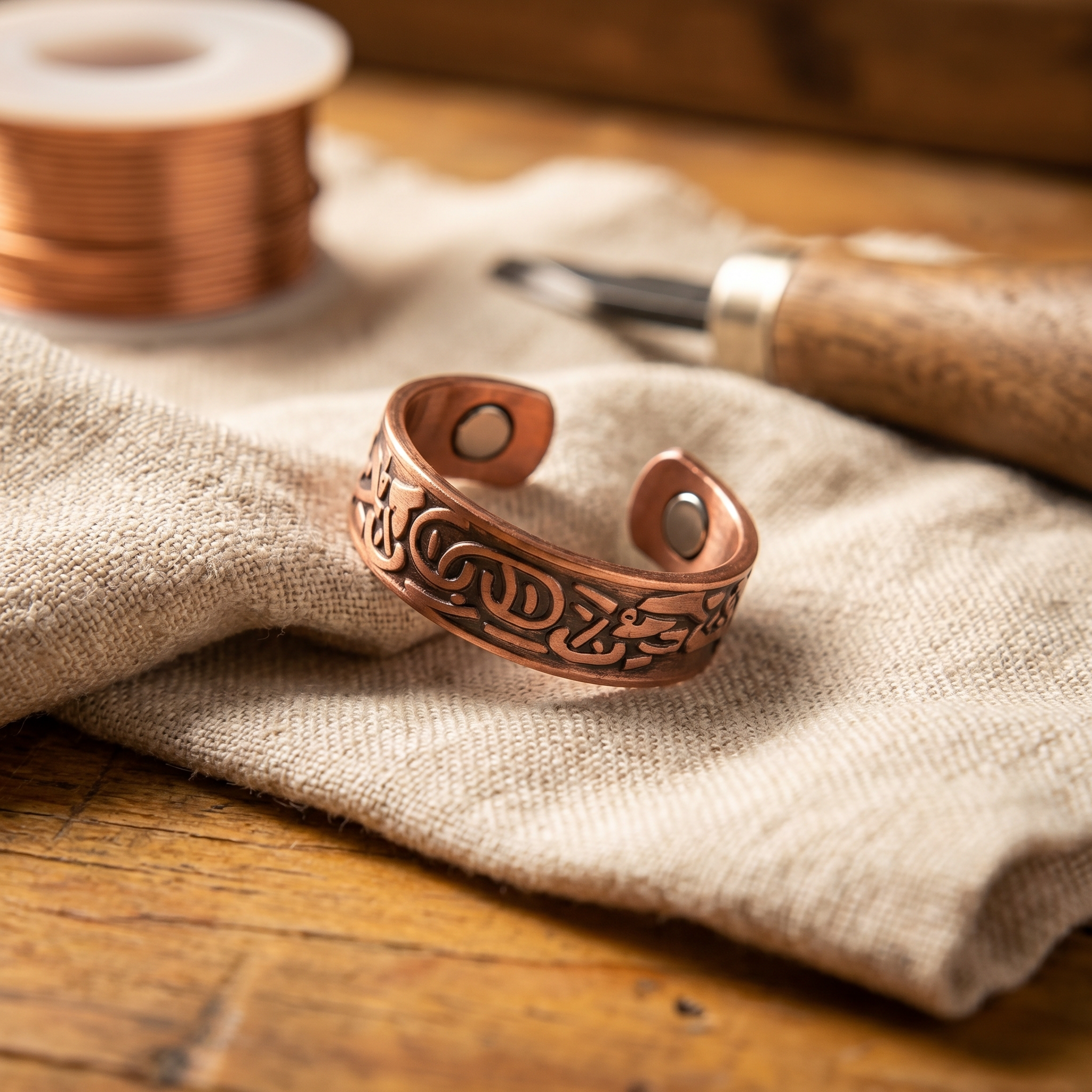 Adjustable copper cuff ring with engraved swirl pattern and round rivet detail