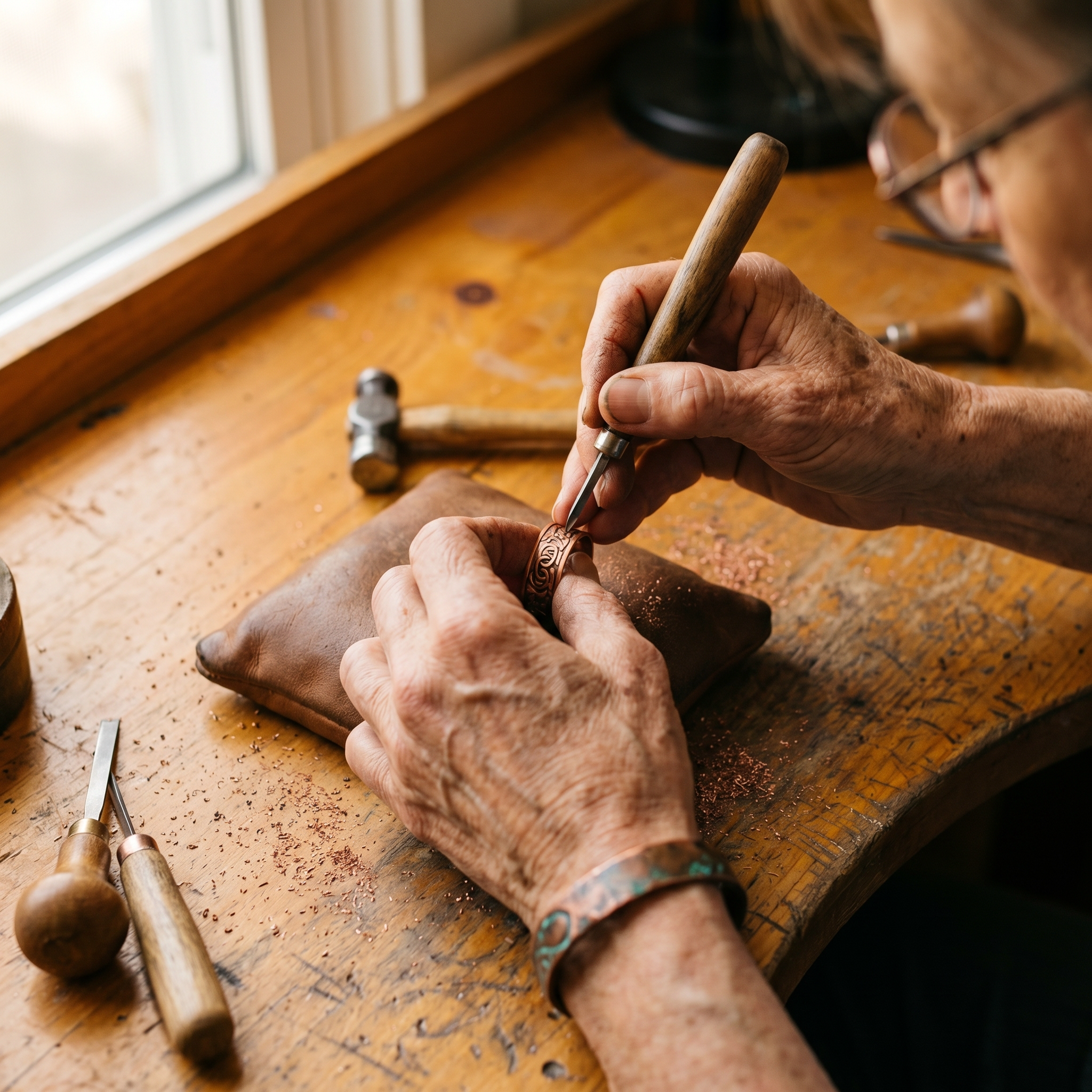 Copper cuff ring being shaped in hands over workbench, engraved swirl motif