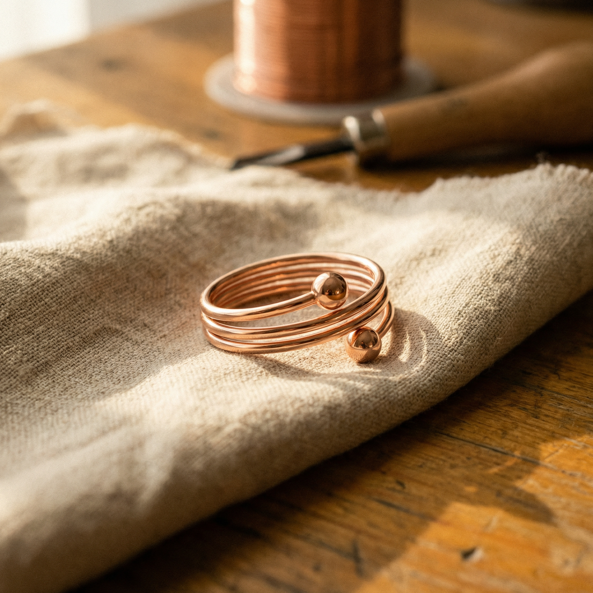 Fine copper alloy ring with two stacked bands and small round copper bead accents