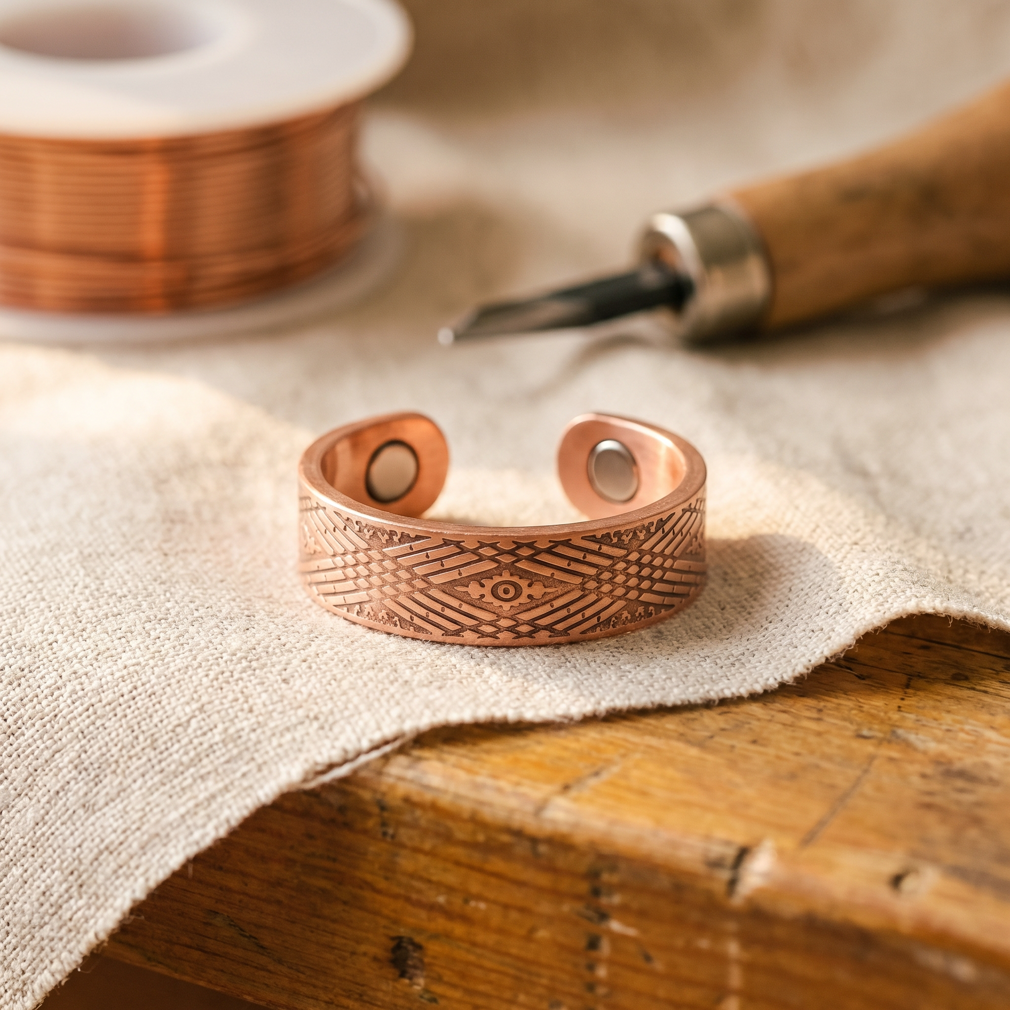 Copper cuff ring with engraved geometric pattern and open adjustable band