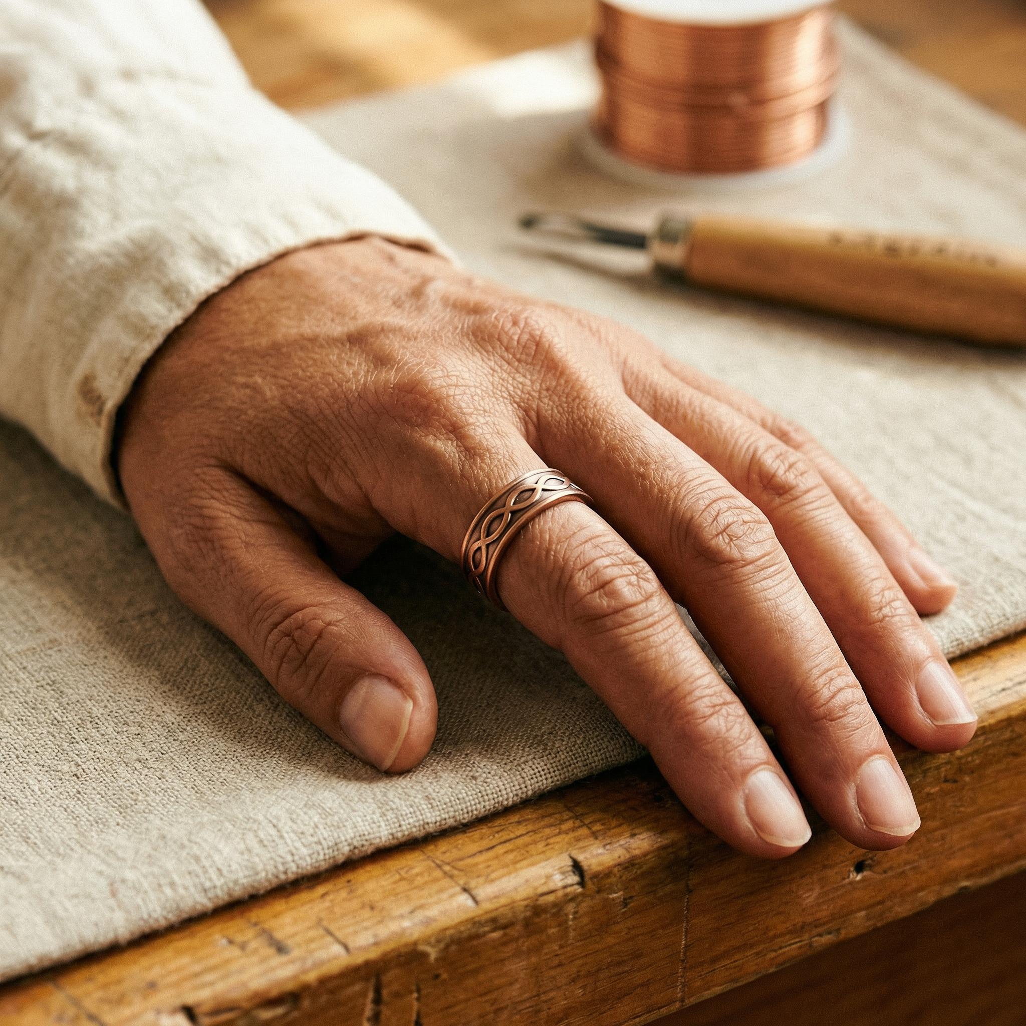 Copper adjustable ring on hand, engraved infinity design with two dark oval insets
