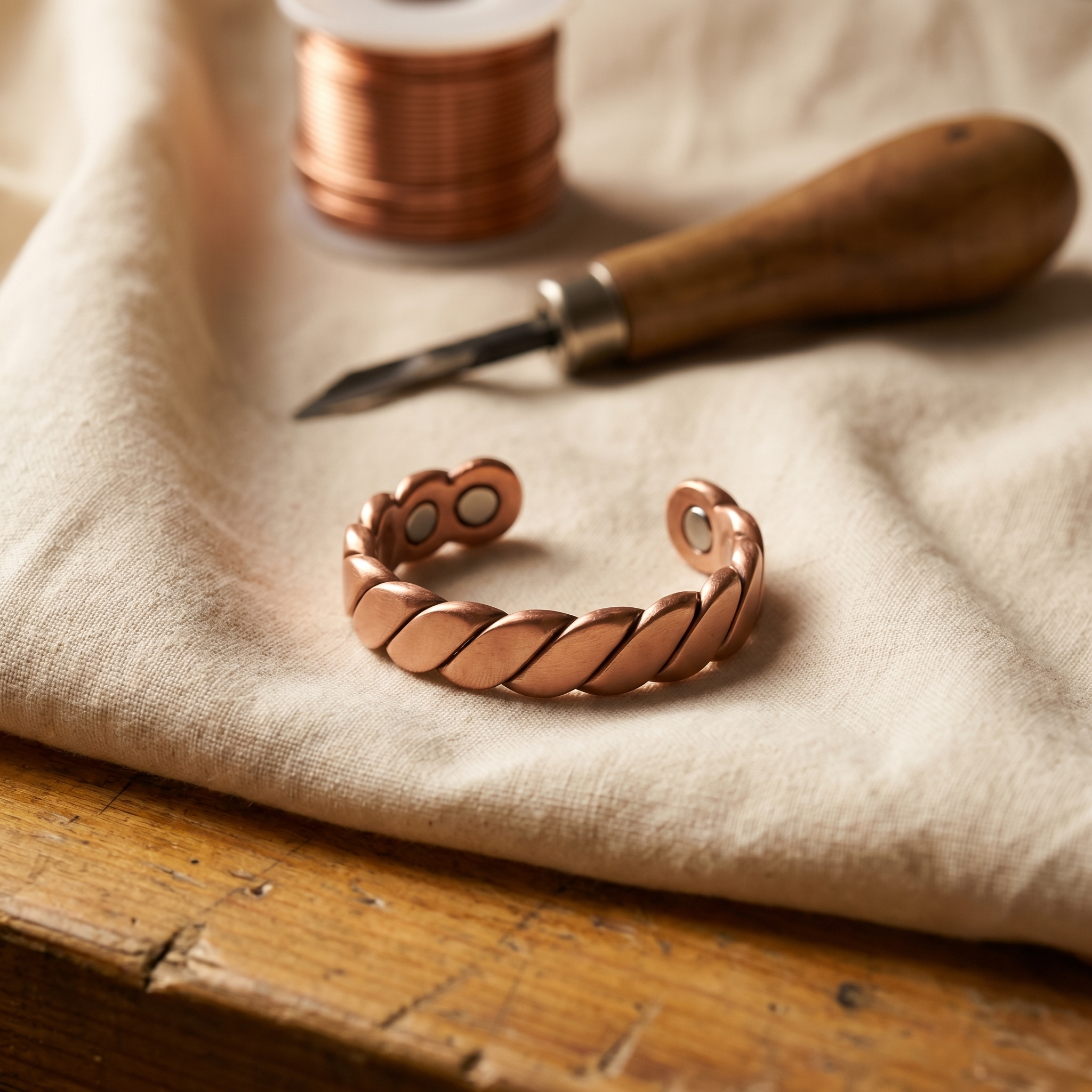 Copper braided ring with small oval centerpiece and engraved details