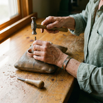 Copper grid ring worn by hands while working at a wooden workbench