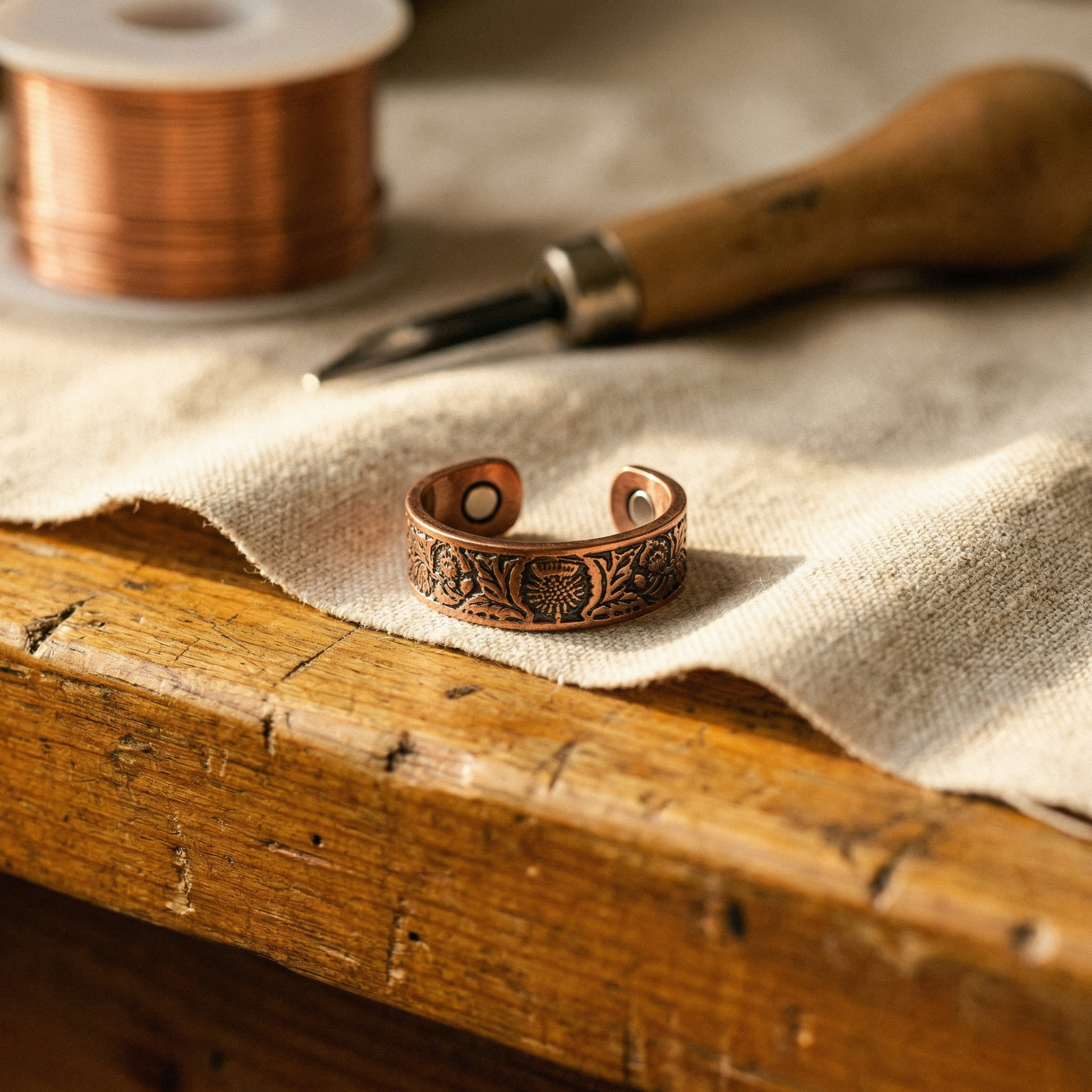 Copper adjustable ring with engraved band and open oval ends