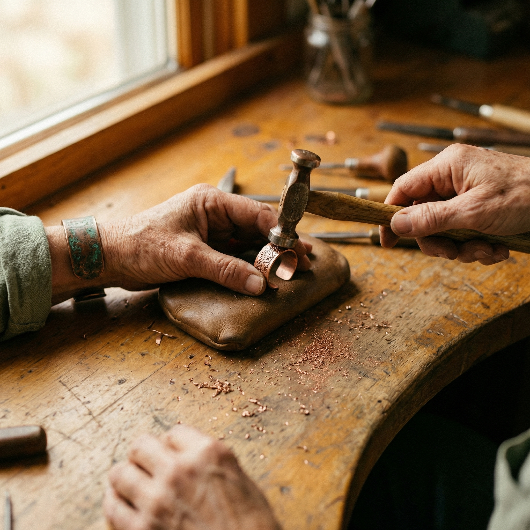 Copper ring band on anvil during forging with metal tools