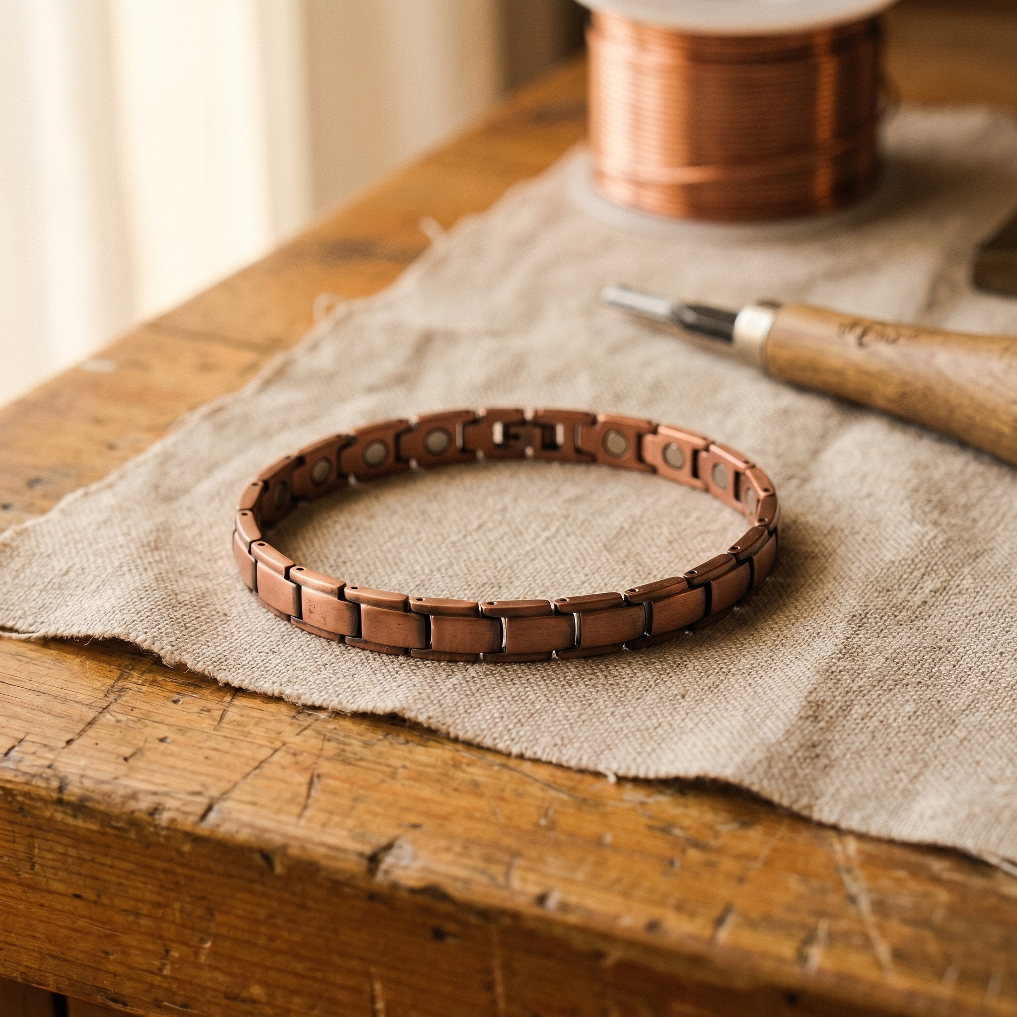 Copper link bracelet with rectangular segments, adjustable clasp, laid on fabric