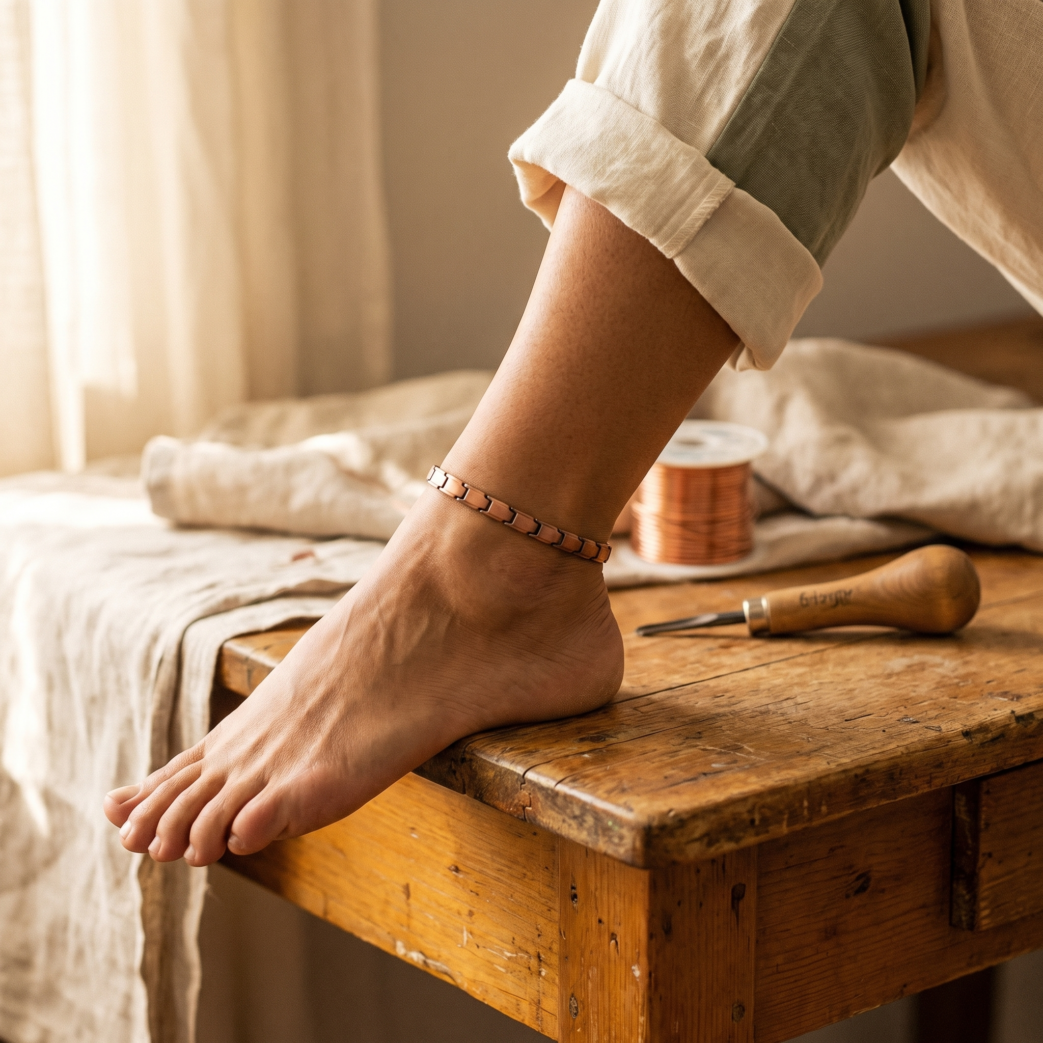 Copper link bracelet on ankle with small metal clasp, worn with rolled sleeve