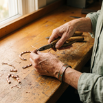 Copper link bracelet being assembled from small rectangular parts on workbench