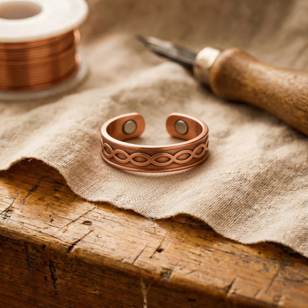Adjustable copper cuff ring with engraved infinity pattern and two dark oval insets