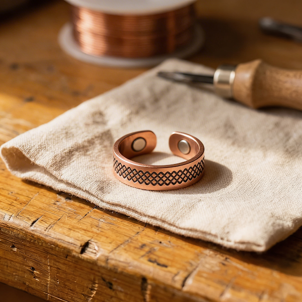 Copper grid-pattern adjustable ring with two circular cutouts, shown on fabric cloth