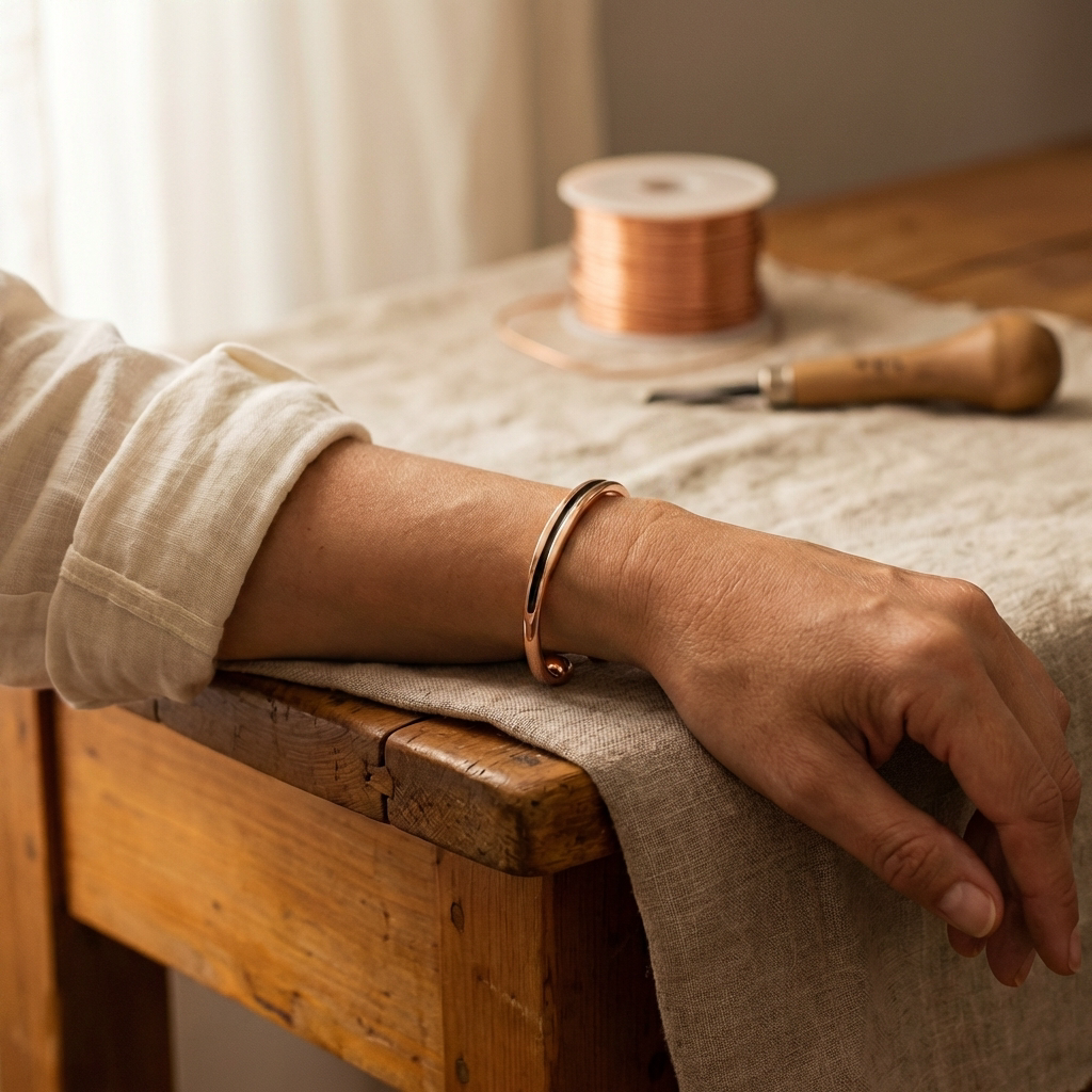 Copper cuff bracelet worn on wrist, slim band with open end clasp