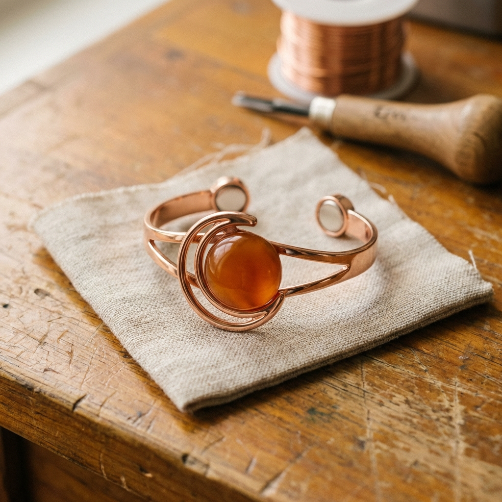 Copper cuff bracelet with orange oval cabochon and spiral wire details