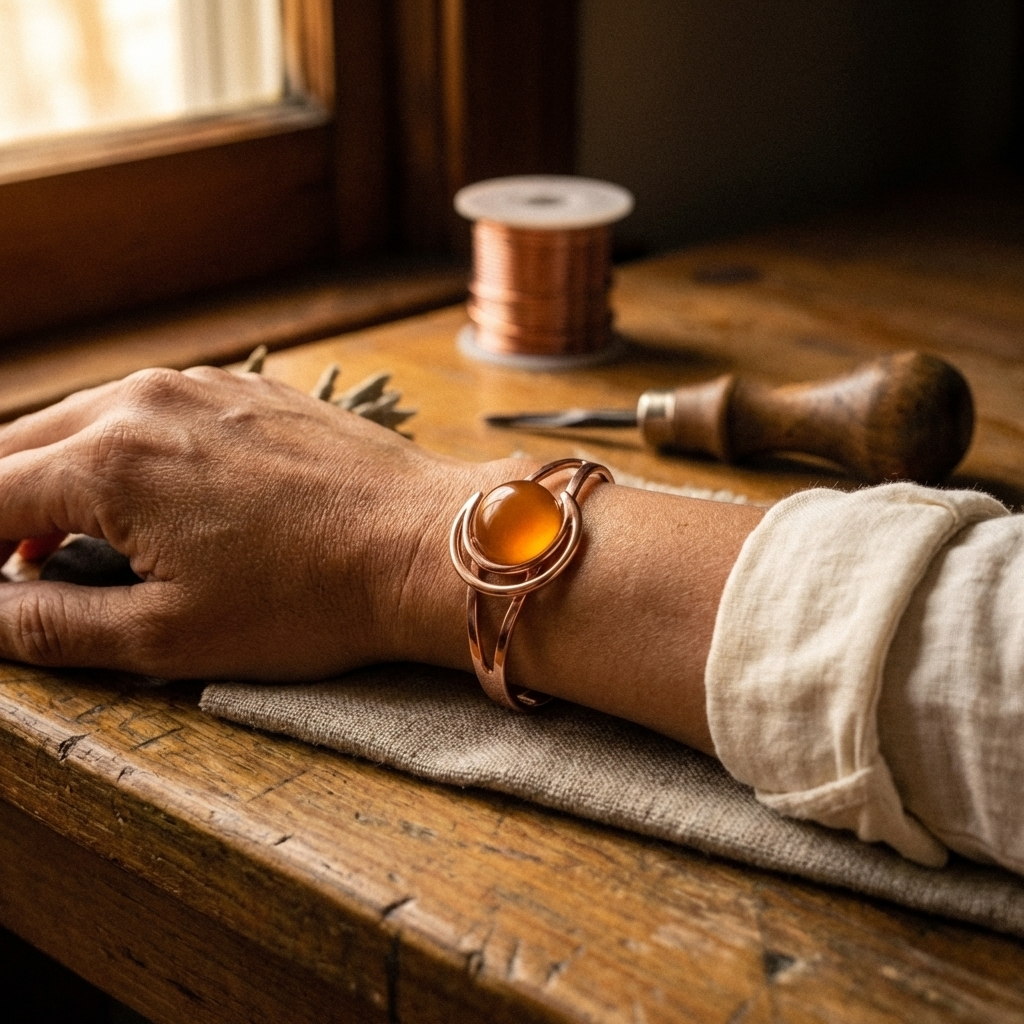 Copper bracelet on wrist with orange spherical centerpiece and spiral accents