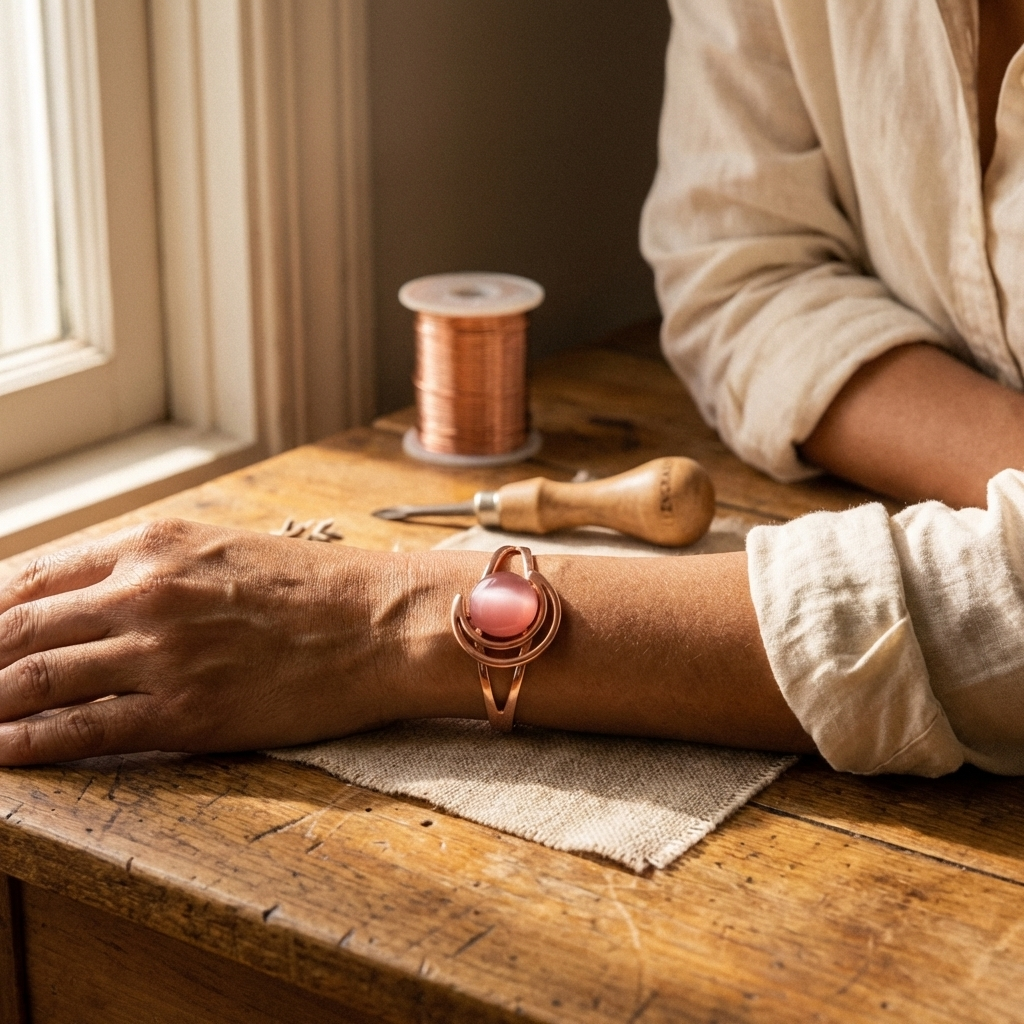 Adjustable rose copper bracelet on wrist with pink round cabochon center