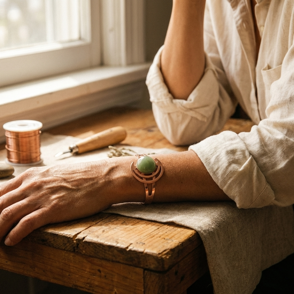 Copper and green stone adjustable bracelet worn on wrist with open cuff design