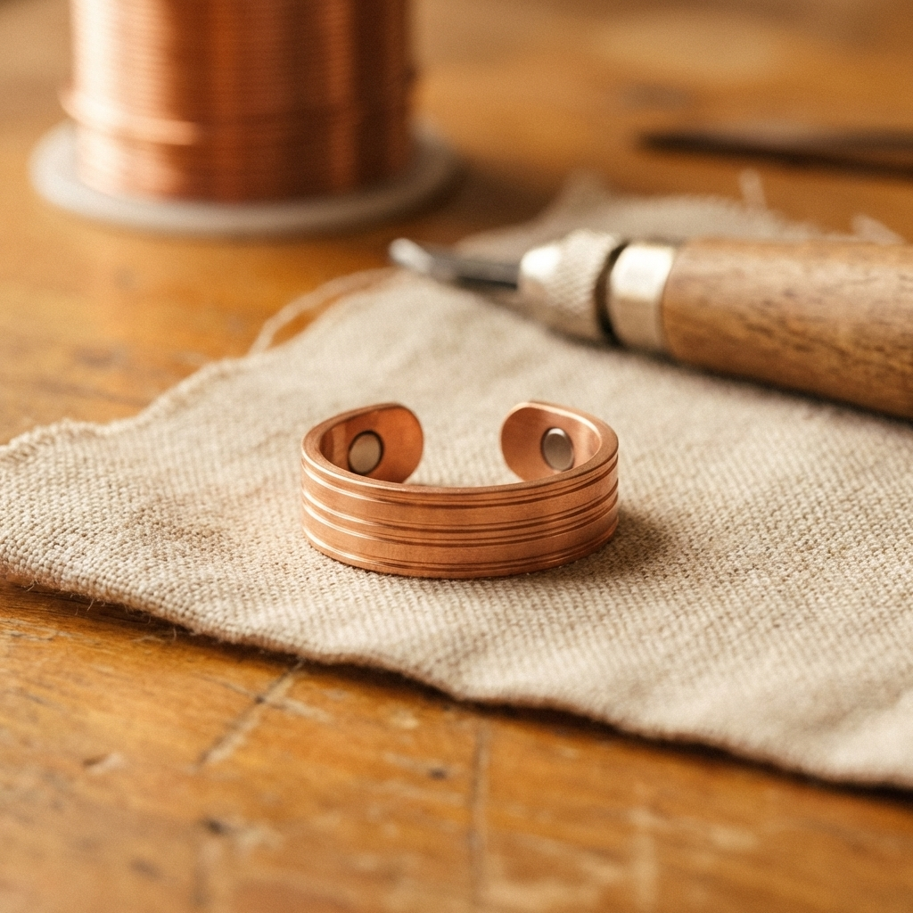 Adjustable copper cuff ring with two cutout circles, stacked bands