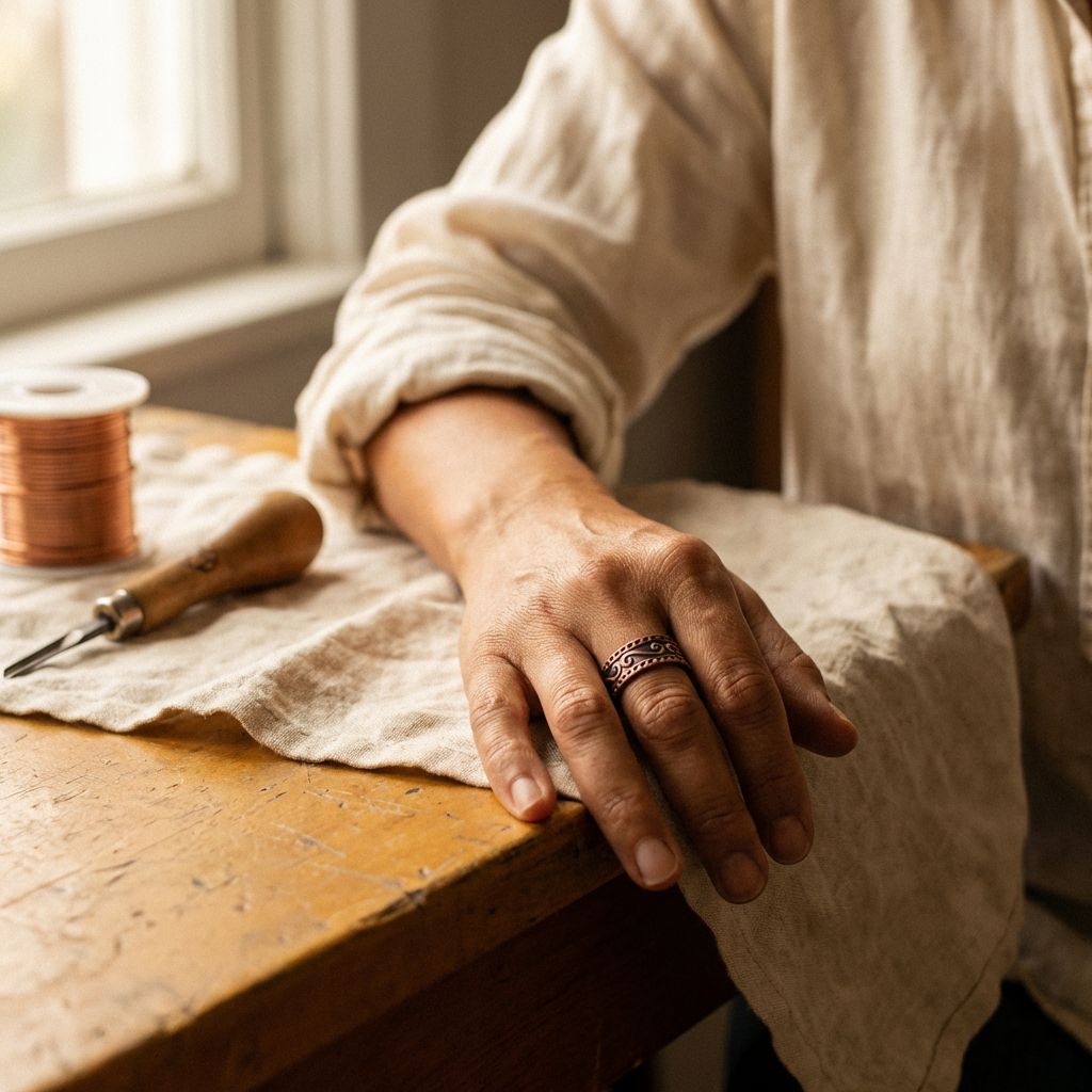 Copper cuff ring with engraved leaf motifs on wearer’s finger