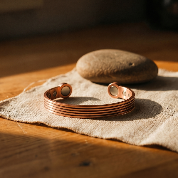 Copper ridge cuff bracelet with adjustable multi-band design and oval center detail
