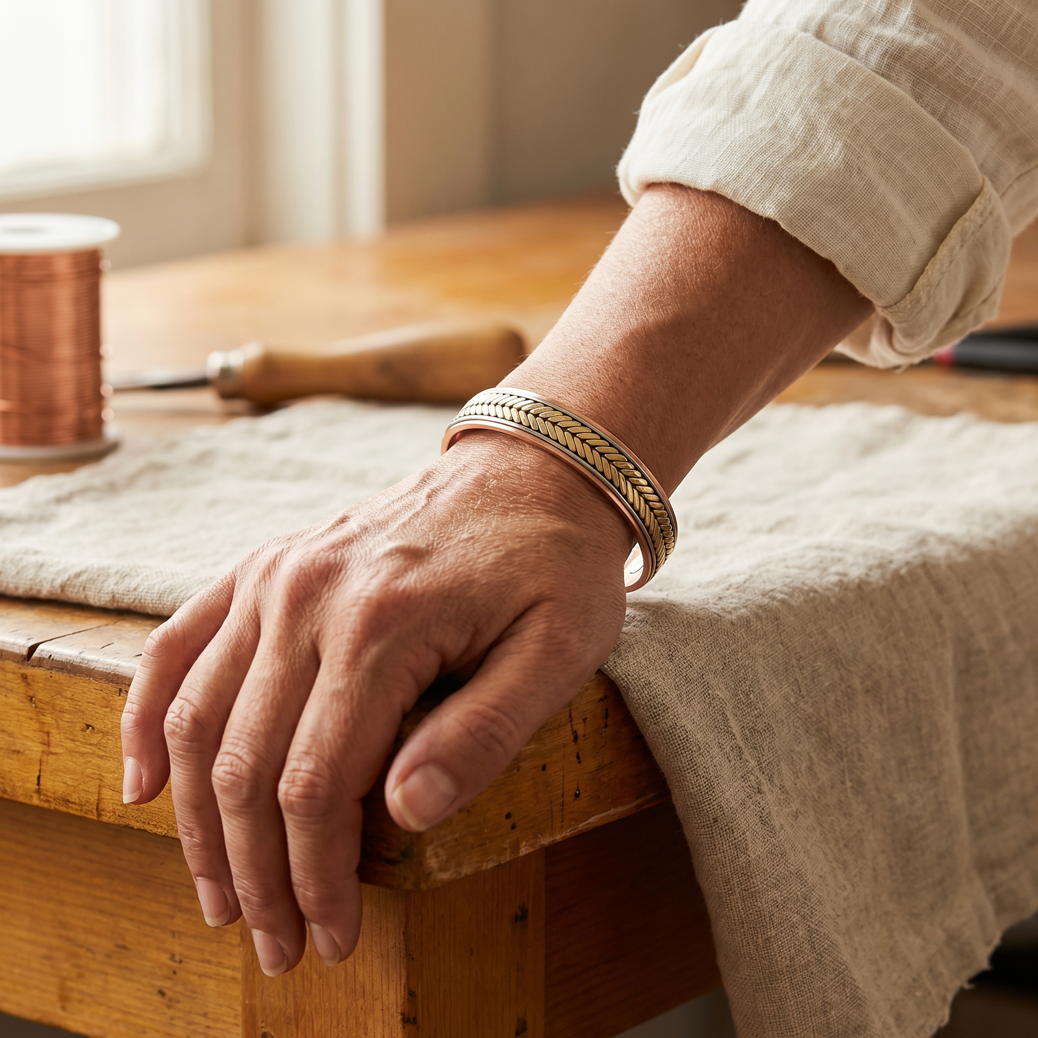 Copper cuff bracelet on wrist with rope-edge engraving and two oval rivets, adjustable