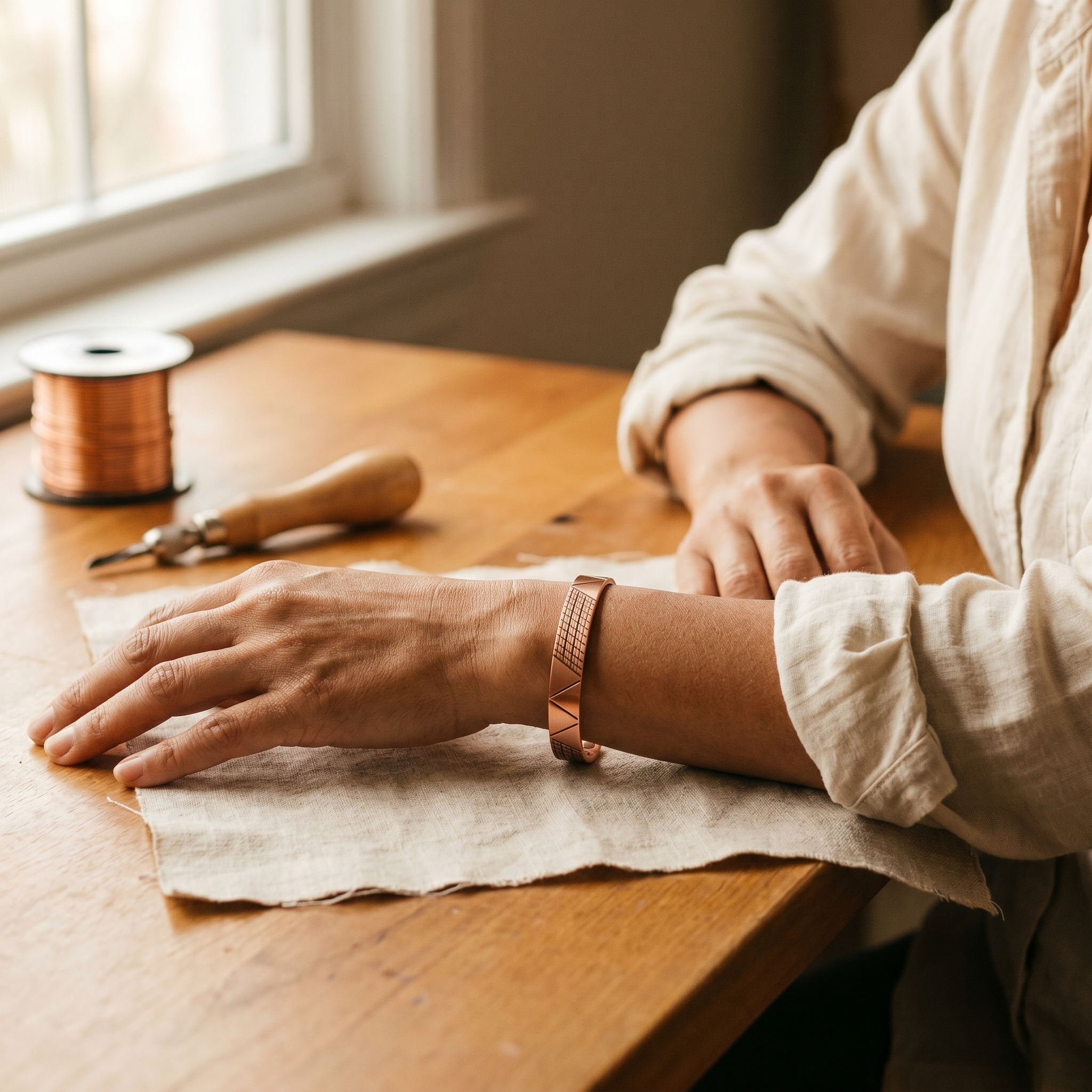 Copper cuff bracelet on wrist with engraved panels and oval cutouts