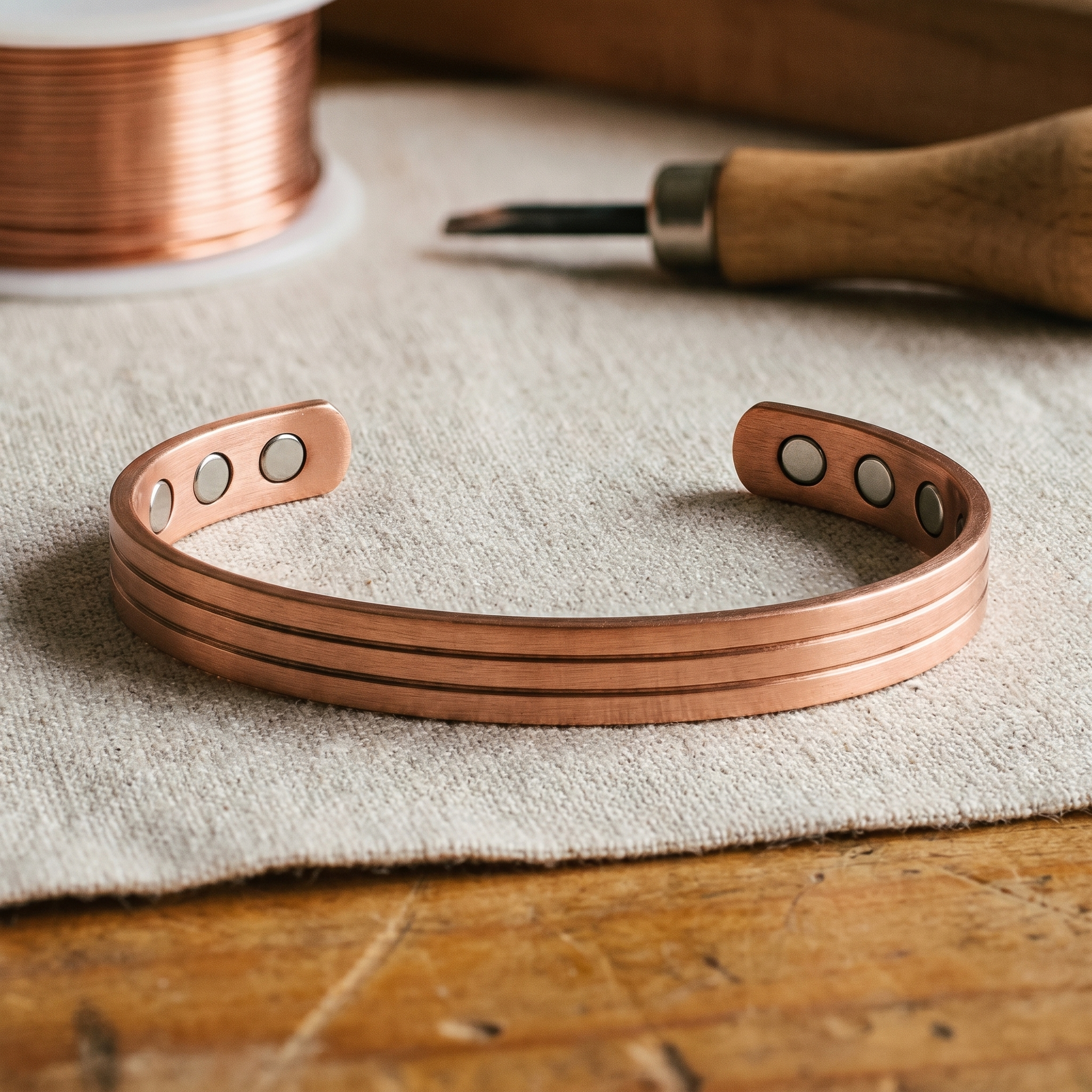 Copper cuff bracelet with oval cutout details, adjustable size