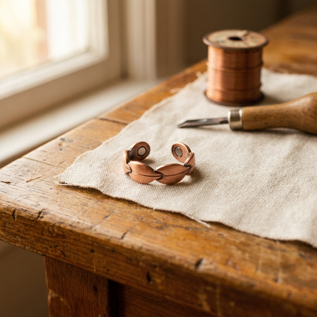 Copper adjustable bracelet close-up, rounded open links on cloth