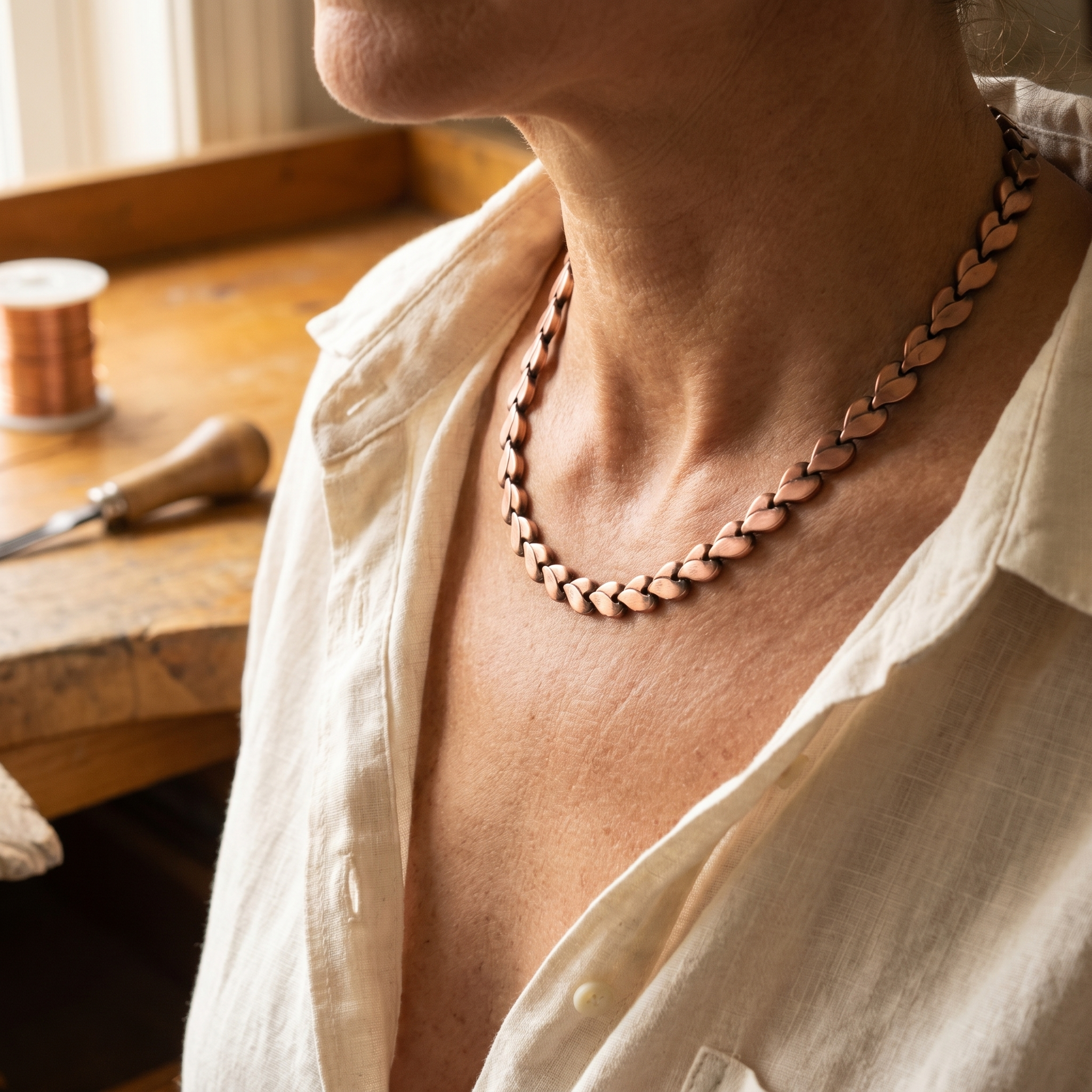 Copper heart-link chain necklace worn on neckline, adjustable clasp
