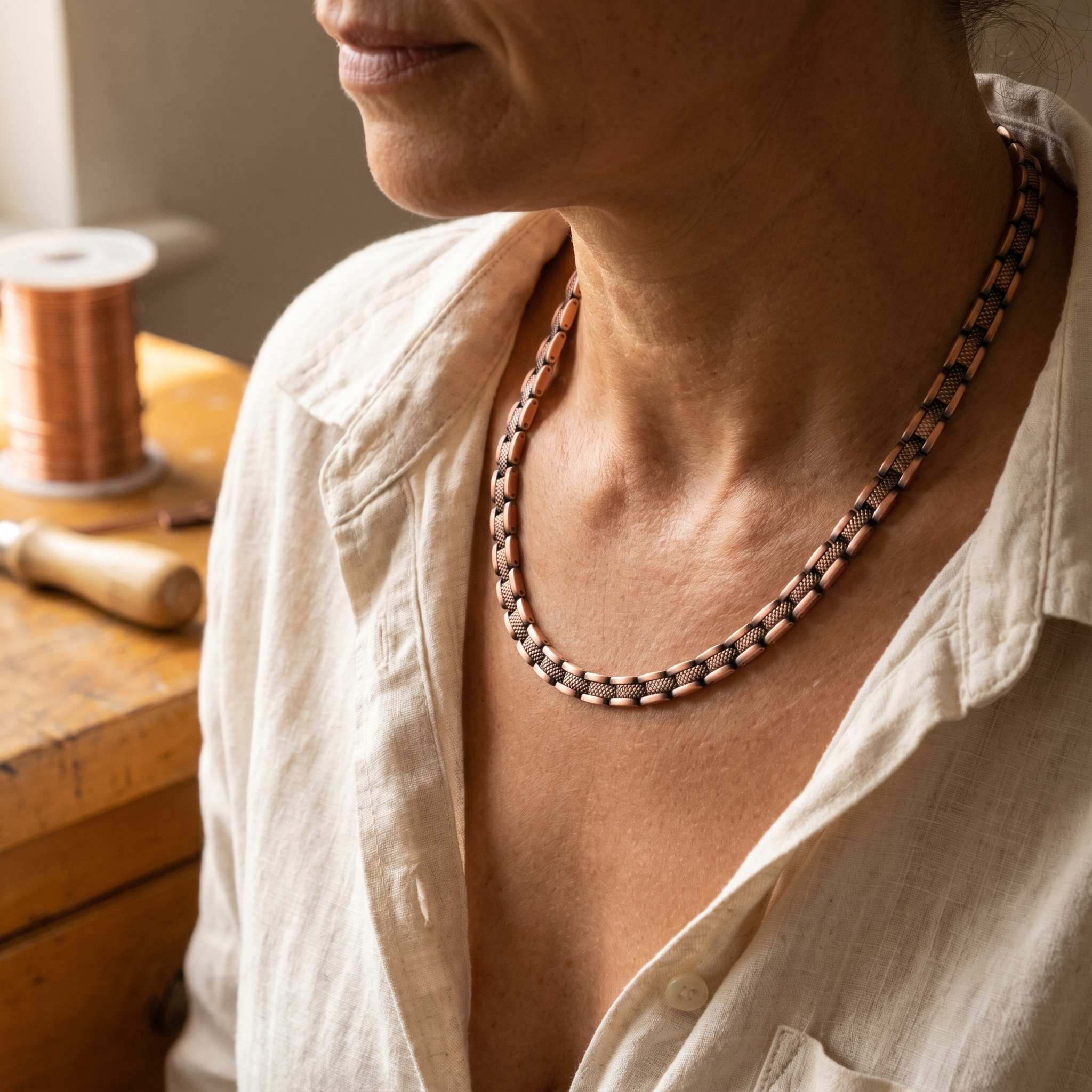Doina Bucaresti copper square-link chain necklace on model